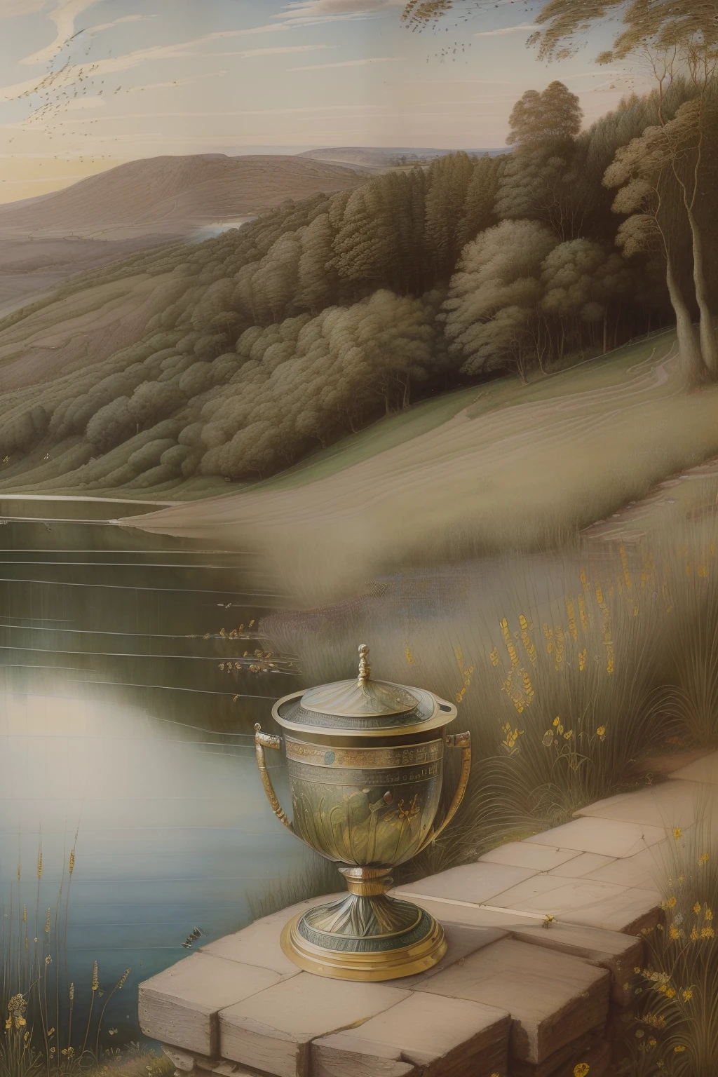 (((Pre-Raphaelite painting of bees around the Ardagh Chalice, lago e salgueiro, Mel, Tons dourados, salgueiro, Mel, paisagem irlandesa)))