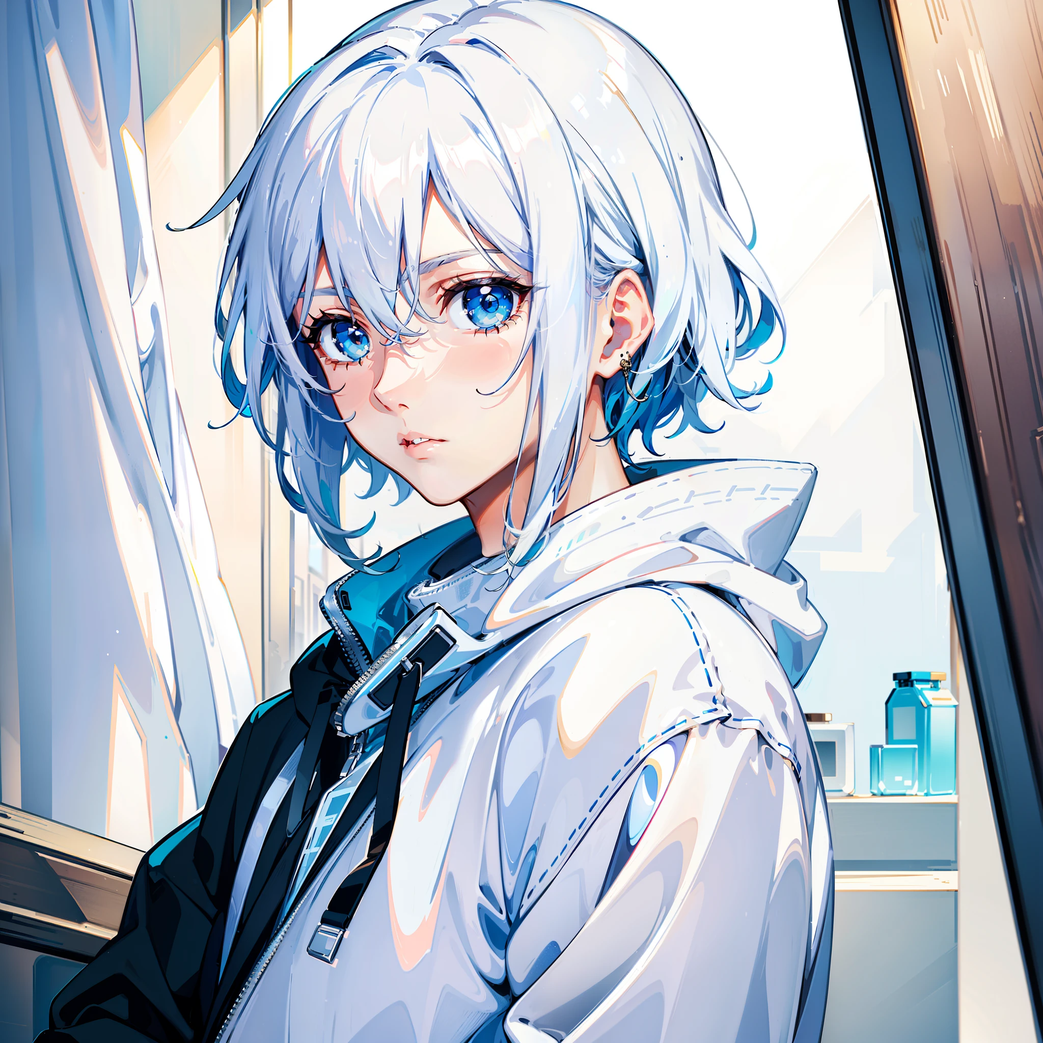 (tmasterpiece，best qualtiy)，A beautiful boy with white hair，blue color eyes，Sweatshirt