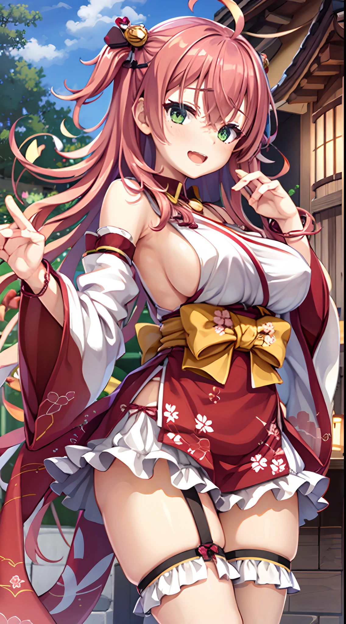 1girl, solo, best quality, miko_jp, yellow bow, japenese clothes, pink hair, green eyes, ahoge, one side up, huge breasts, wide sleeves, thighhighs, floral print, hair bell, bridal garter, detached sleeves, hair ornament, dynamic pose, outdoors, japenese temple, smile, open mouth, sideboob,