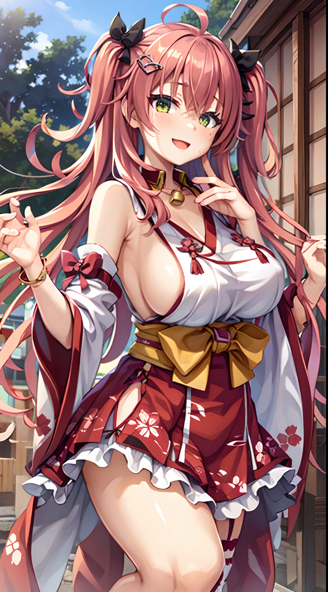 1girl, solo, best quality, miko_jp, yellow bow, japenese clothes, pink hair, green eyes, ahoge, one side up, huge breasts, wide sleeves, thighhighs, floral print, hair bell, bridal garter, detached sleeves, hair ornament, dynamic pose, outdoors, japenese temple, smile, open mouth, sideboob,