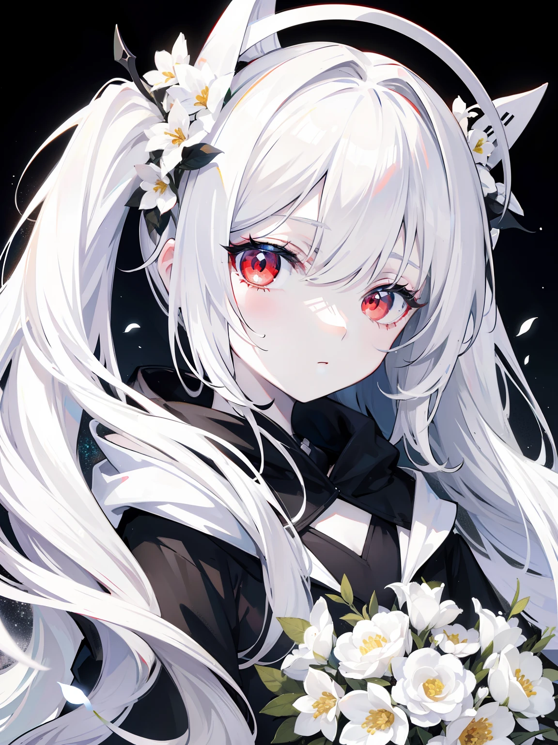 Pale skin, white hair, black hoodie, white flowers, flowers on head, Twintails, Loli, solo,{{best quality}}, {{masterpiece}}, {{ultra-detailed}}, {illustration}, {detailed light}, red eyes,long hair,