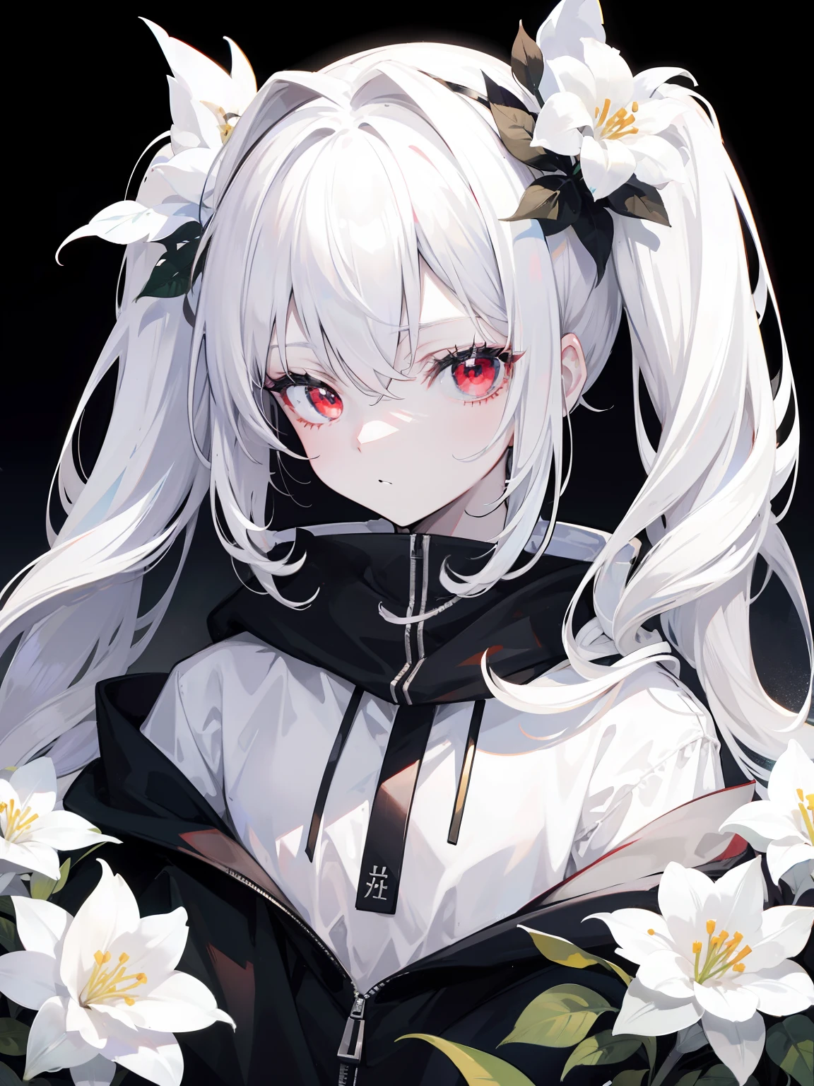 Pale skin, white hair, black hoodie, white flowers, flowers on head, Twintails, Loli, solo,{{best quality}}, {{masterpiece}}, {{ultra-detailed}}, {illustration}, {detailed light}, red eyes,long hair,