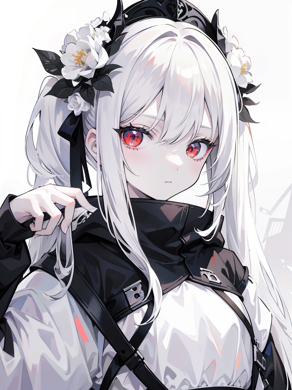 Pale skin, white hair, black hoodie, white flowers, flowers on head, Twintails, Loli, solo,{{best quality}}, {{masterpiece}}, {{ultra-detailed}}, {illustration}, {detailed light}, red eyes,long hair,