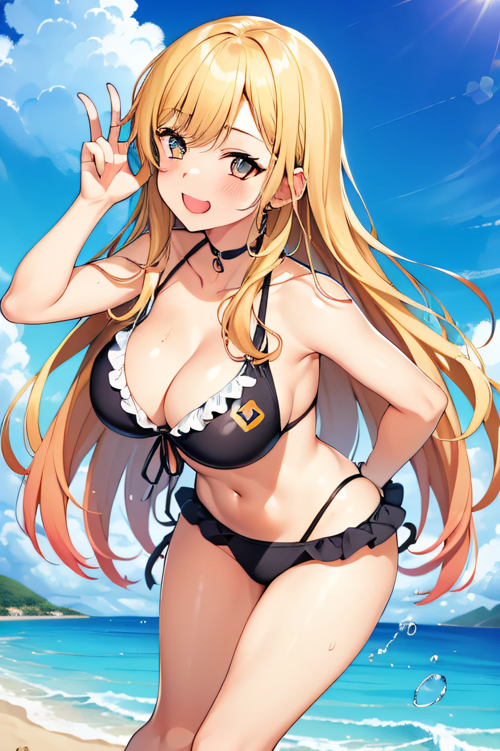 (((Best quality))), ((Ultra-detailed)), ((illustration)), ((Disheveled hair)), ((frilld)), (1 girl), (Solo),
beach，
blue_sky，
cloud，
cloudy_sky，
day，
horizon，
looking_at_viewer，
ocean，
outdoors，
sky，
solo，
v，
water，
rating:safe，
swimwear，
Swimming_circle，
Swimming，
