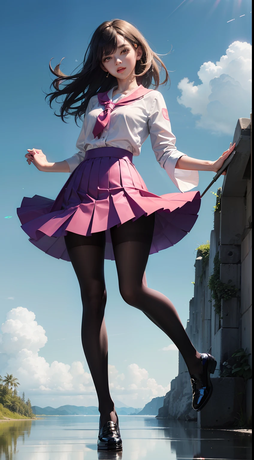 (full body:1.5)，(looking at viewer:1.4)，(anatomy correct:1.3)，(In the paradise of the day:1.3),(Wearing Very thick Pantyhose and JK Student Dress Printed Pleated Skirt and JK uniform leather shoes :1.3), (A high jump posture:1.3),(In pink|amarelo|blue colors|green color|red colour|white colors|black in color|purpleish color|greys|Beige|Flesh color 1.4)，,(Accurate and perfect face:1.4),(Clothing Gloss:1.25),(Skin reflection:1.25),hyper HD, Ray traching, reflective light，structurally correct, Award-Awarded, high detal, lightand shade contrast, Face lighting，cinmatic lighting, tmasterpiece, super detailing, high high quality, high detal, best qualityer, 16k，high contrast,