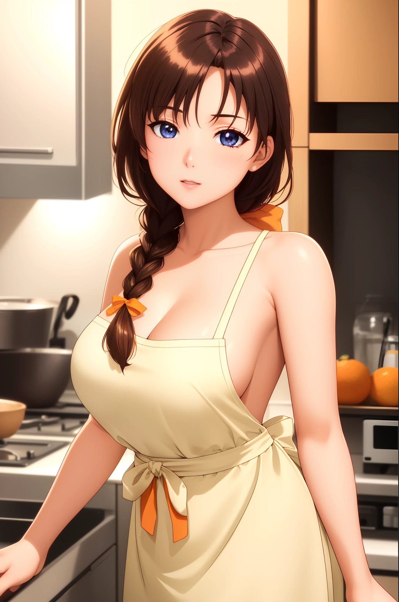 indoors, in a kitchen,
Standing on the floor,
apron, collarbone, (Yellow_shirt),
bangs, Brown Hair, Blue eyes,single braid, Orange hair ribbon, 
1 girl, 20yo,Young female,Beautiful Finger,Beautiful long legs,Beautiful body,Beautiful Nose,Beautiful character design, perfect eyes, perfect face,expressive eyes,
looking at viewer, in the center of the image,(Upper_body),(Focus on her face),
official art,extremely detailed CG unity 8k wallpaper, perfect lighting,Colorful, Bright_Front_face_Lighting,shiny skin,
(masterpiece:1.0),(best_quality:1.0), ultra high res,4K,ultra-detailed,
photography, 8K, HDR, highres, absurdres:1.2, Kodak portra 400, film grain, blurry background, bokeh:1.2, lens flare, (vibrant_color:1.2)
(Beautiful,Breasts), (beautiful_face:1.5),(narrow_waist),