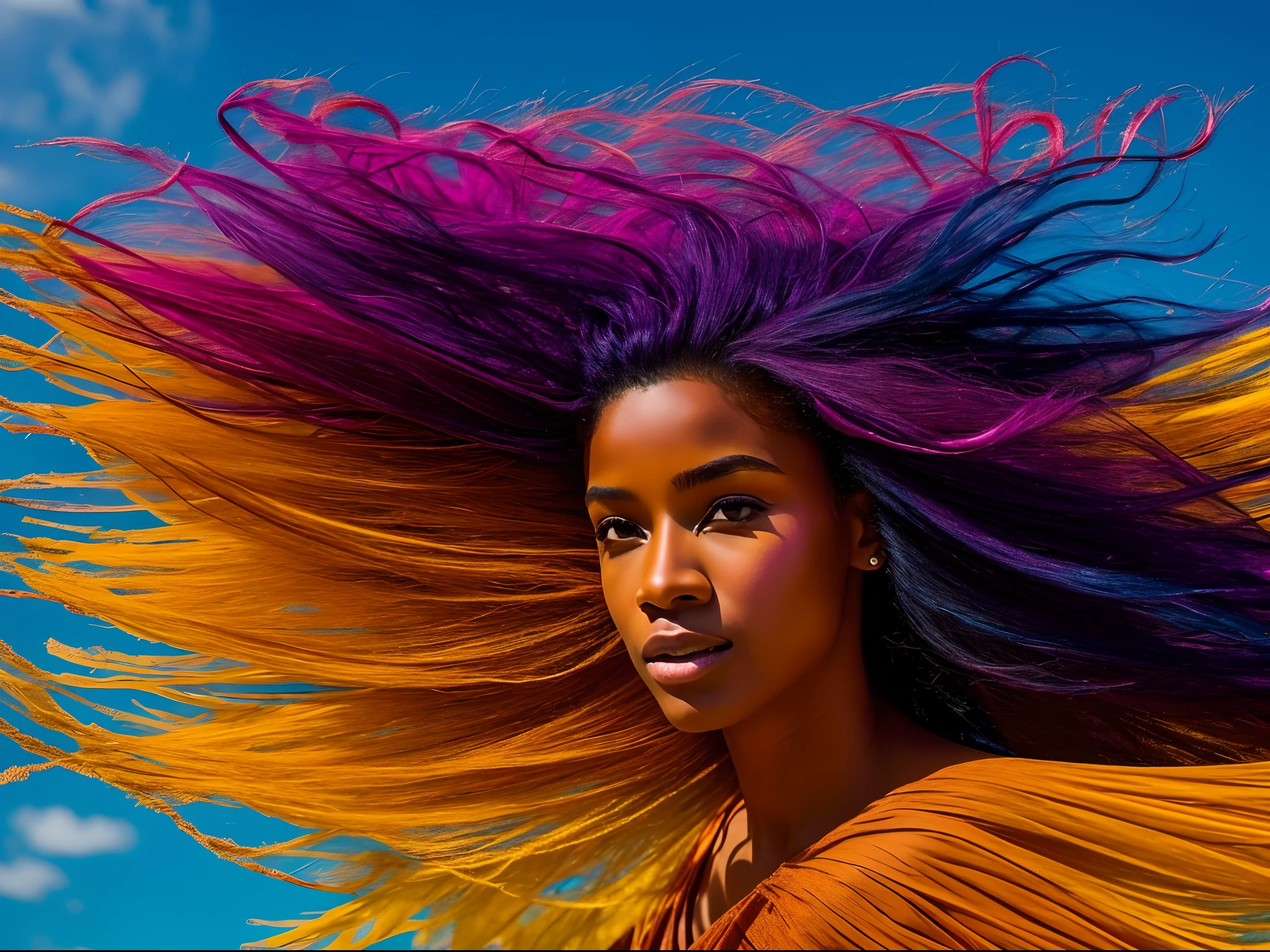 Imagem 8k, Arte com apenas sete cores de cabelo, transparency, swaying in the wind, vermelho, amarelo, Purple, azul, laranja, marrom, Rosa