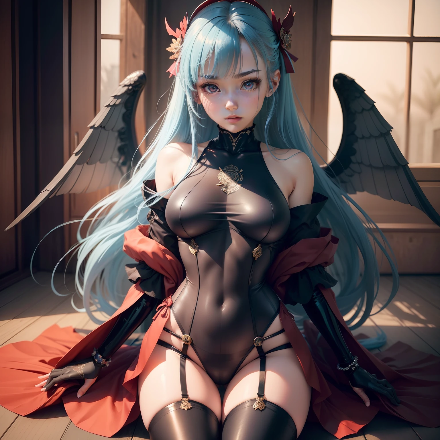 Well-structured female body,tmasterpiece,Best quality at best,highly detailed,1girll,art book,roleplaying,ssee-through,Baby dolls,Sheer tights,Transparent swimsuit,hyakka ryouran samurai girls,mediating_Breasts,Humanoid robots,blue hairs,red color eyes,angelicales,wings
