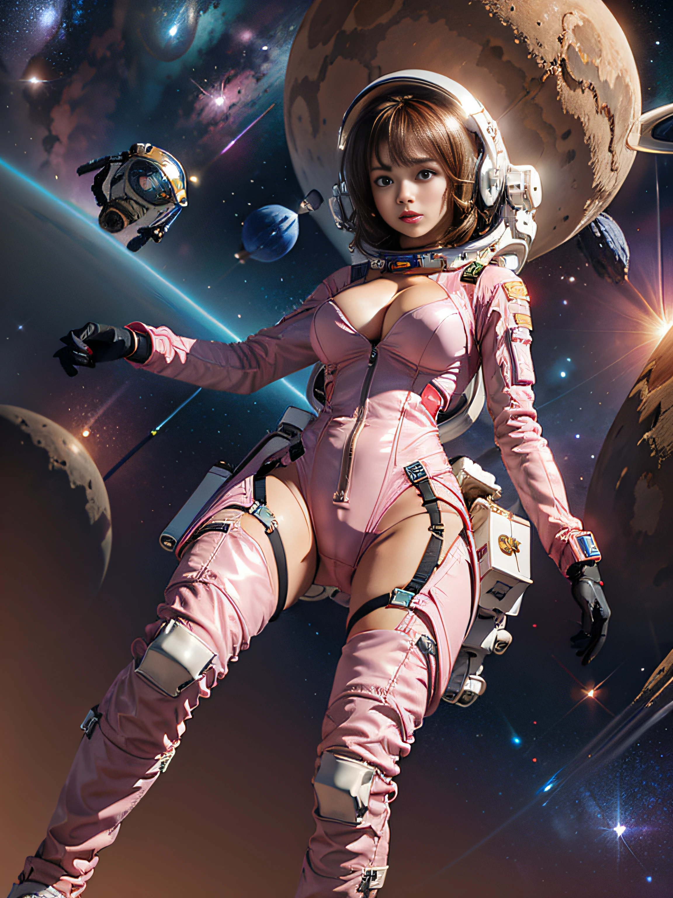 a  cute girl wears sexy pink astrosuit with helmet,(floating in a space background:1.2):1.5,masterpiece, best quality, (cinematic lighting), good hand,finely detailed suit, sharp focus,slim body,big breasts,sharp face
