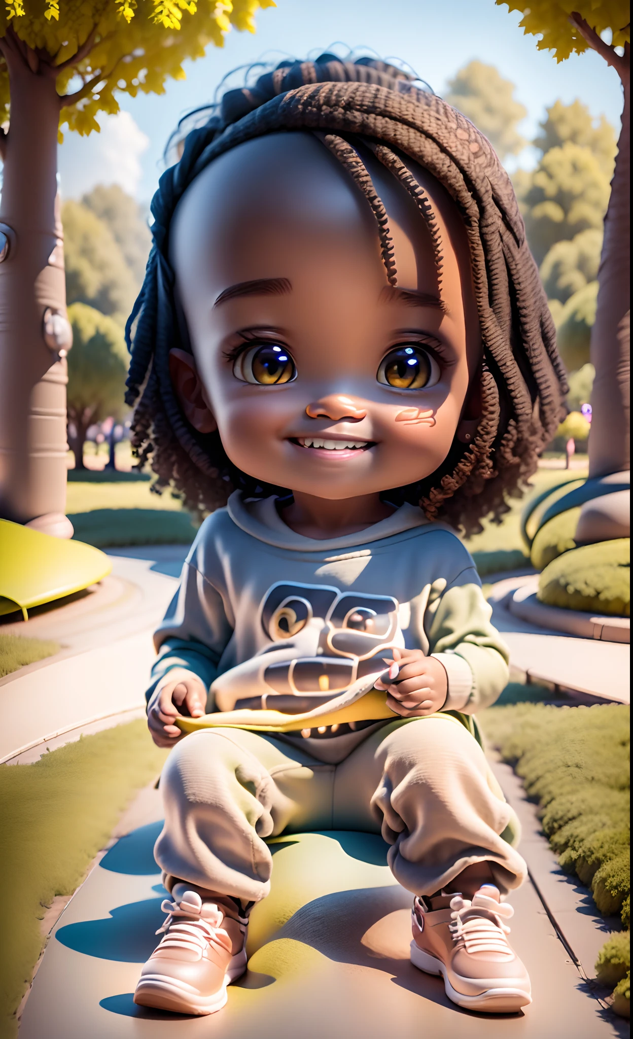 3D rendering of a 1 year old girl ((solo)), (crisp, perfect facial features), asymmetrical face, kind eye, (dark brown skin tone), cute, afro-alpine, cute smile, ((sitting on a swing in the park )), ((chibi) ) wearing t-shirt and jeans, current fashion, long hair with princess accessories, ((from under a tree)), park background, sunset, close-up, product view, detailed detail, pixar style, (((model face))), trend art, sharp detail, cgsociety, very high quality digital art, exquisite hyper detail, 4k, 8k soft lighting, dreamy, fashion, unreal engine rendering :3