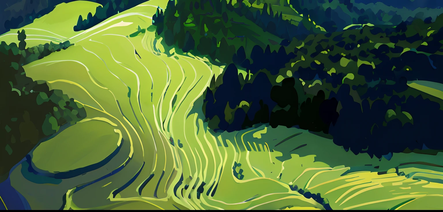 There is a painting of a green field，The background is a mountain, A digital painting, digital paintin, digital landscape art, digitial painting, expressive digital painting, ricefield, Landscape illustration, Detailed digital painting, flowing hills, low details. Digital painting, patches of green fields, painting illustration, digital oil painting, digital painted