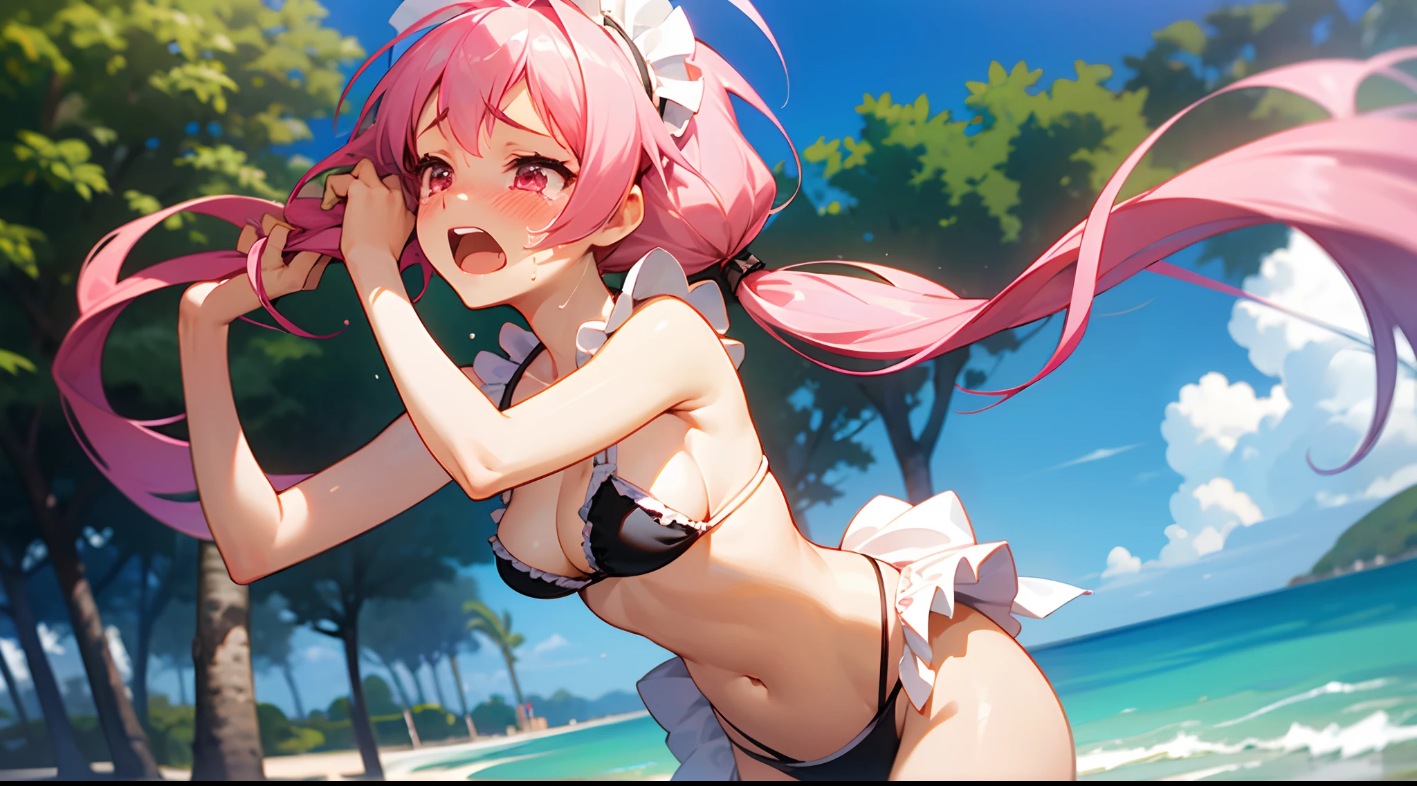 1 girl, game CG, black string bikini with sleeveless frills, cleavage visible, navel visible, maid's hair accessory, maid's small apron, gigantic breasts, pink hair, long hair, low twintails, princess hairstyle, ahoge, pink eyes, sea, sandy beach, tree, joy, tears, pray,