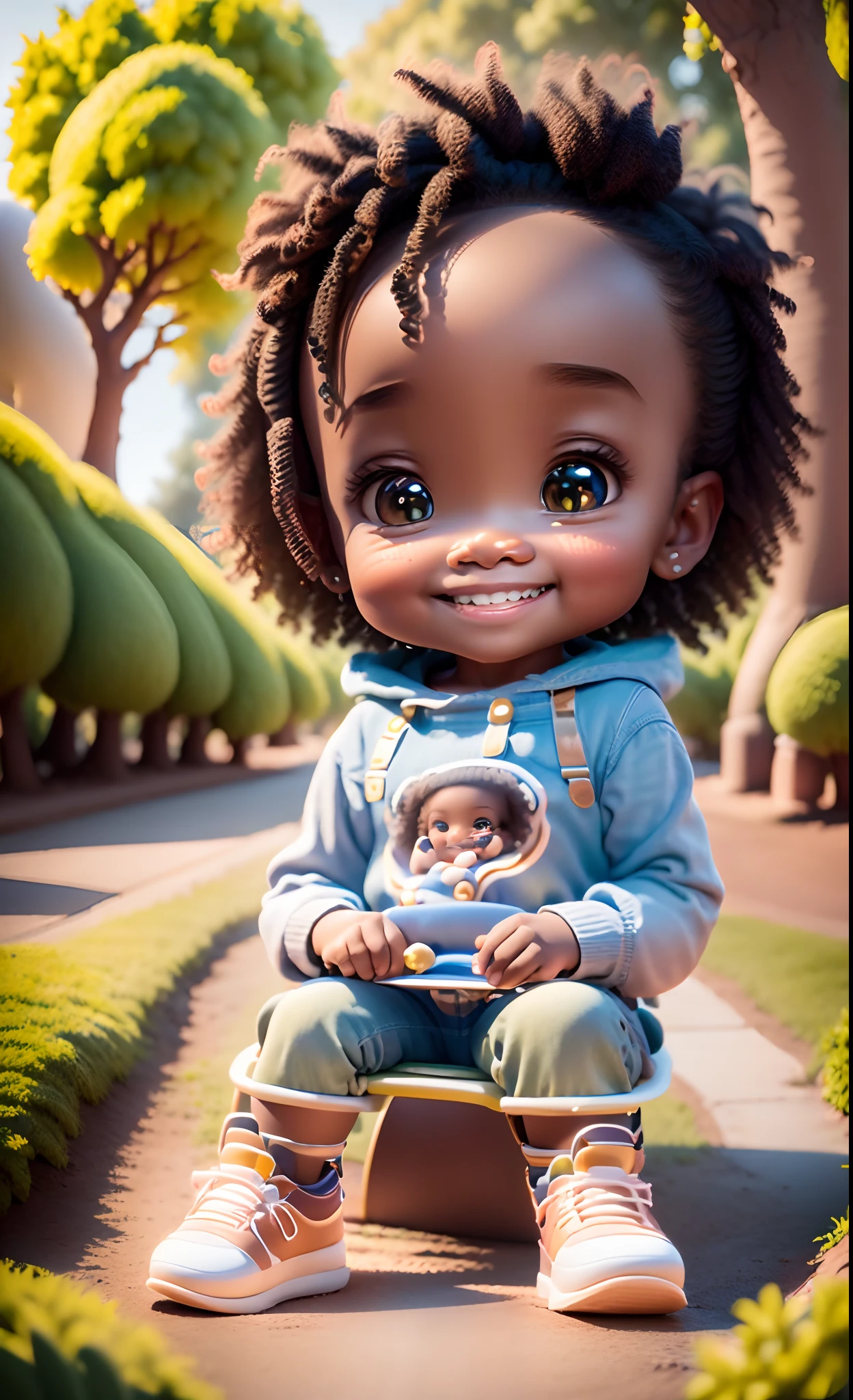 3D rendering of a 1 year old girl ((solo)), (crisp, perfect facial features), asymmetrical face, kind eye, (dark brown skin tone), cute, afro-alpine, cute smile, ((sitting on a swing in the park )), ((chibi) ) wearing t-shirt and jeans, current fashion, long hair with princess accessories, ((from under a tree)), park background, sunset, close-up, product view, detailed detail, pixar style, (((model face))), trend art, sharp detail, cgsociety, very high quality digital art, exquisite hyper detail, 4k, 8k soft lighting, dreamy, fashion, unreal engine rendering  :3