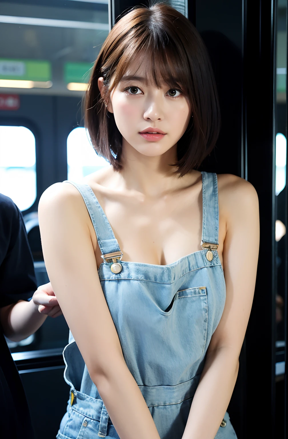 ((8K)、top-quality、masterpiece、超A high resolution:1.2)Photo Beautiful Japan woman(pleasing:1.1) Elegance、There is a good、Transparent atmosphere、Beautiful face、Gradient lighting、1girl in、Delicate skin、Look into the distance、Brown-eyed、(short hair with bangs:1.2)、(breasts are large:1.0)、(medium areola:0.8)、(realisitic:1.4)、(top-quality:1.0)、(超A high resolution:1.0)、8K、Raw photography、(masterpiece:0.2)、(pureerosface_v1:0.5)、Jaguar Salopette、Salopette、No inner、cotton clothes、no sleeves、Sleeveless、Naked overalls、want me、Take your eyes off、JR Yamanote Line at night、on train、by the window、erect through、total darkness、subject、Lean、Look here、tote bags、deep in the night、Ass big、Kinda chubby、Bangs shed to the side、Neat and well-groomed hairstyles、Bring your chest together、Feels、mouth slightly open、