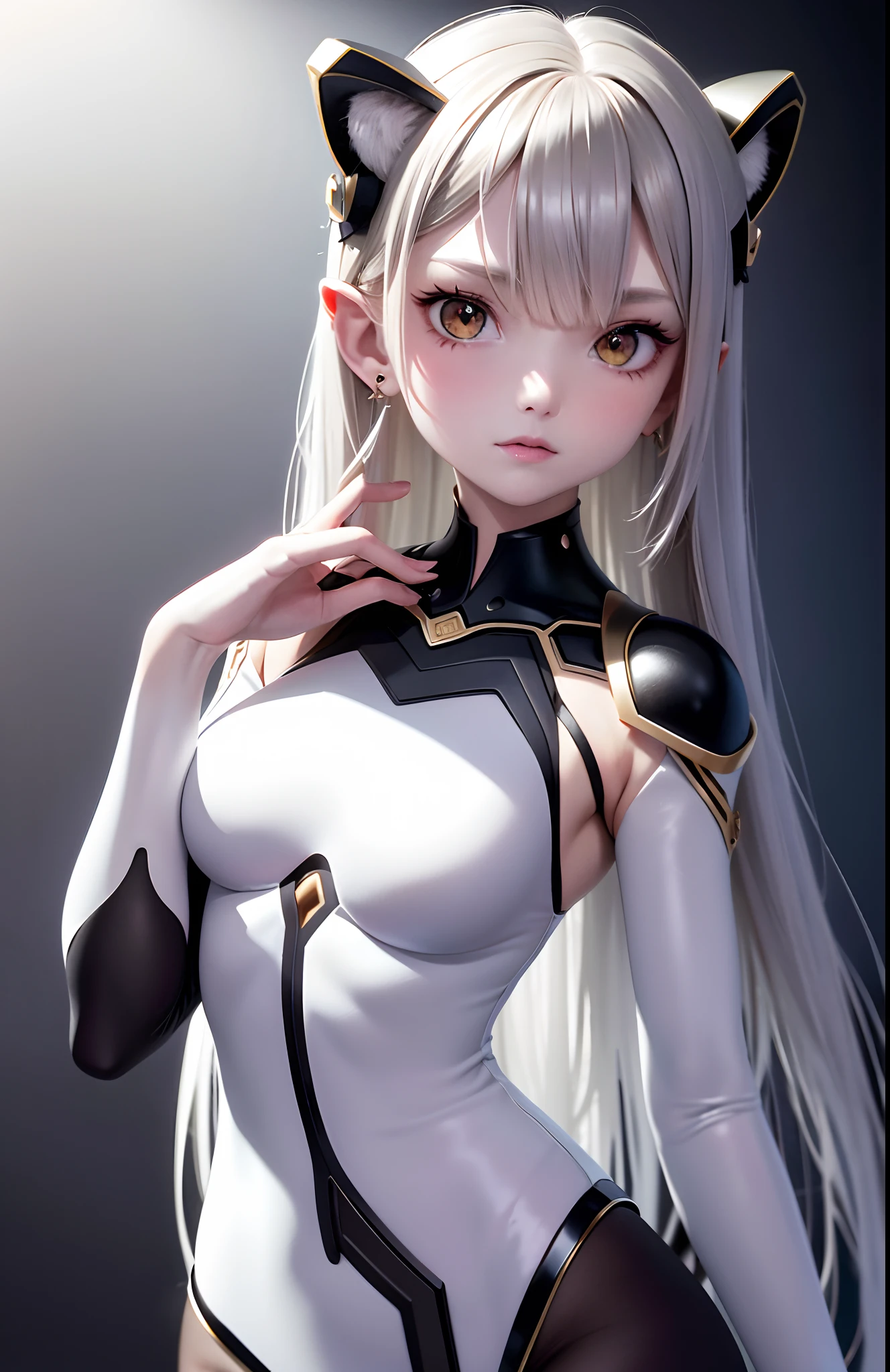 optimum，tmasterpiece，A high resolution，best qualtiy，hyper HD，super detailing，Award-Awarded，16k，独奏，（The upper part of the body），anatomy correct，beuaty girl，Ex Machina，cute  face，high light，Gradient Beige Hair，Hairline，（（Scarlet eyes）），long eyelasher，Hanging eye corners，White skin of the，（small boobs），（Slim body），（（）），（（tutu）），（Finger caps），（），ear studs，（neck rings），（Laser material clothing：1.2）