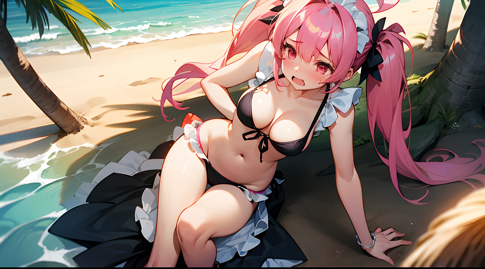 1 girl, game CG, black string bikini with sleeveless frills, cleavage visible, navel visible, maid's hair accessory, maid's small apron, gigantic breasts, pink hair, long hair, low twintails, princess hairstyle, ahoge, pink eyes, sea, sandy beach, tree, joy, tears, pray,