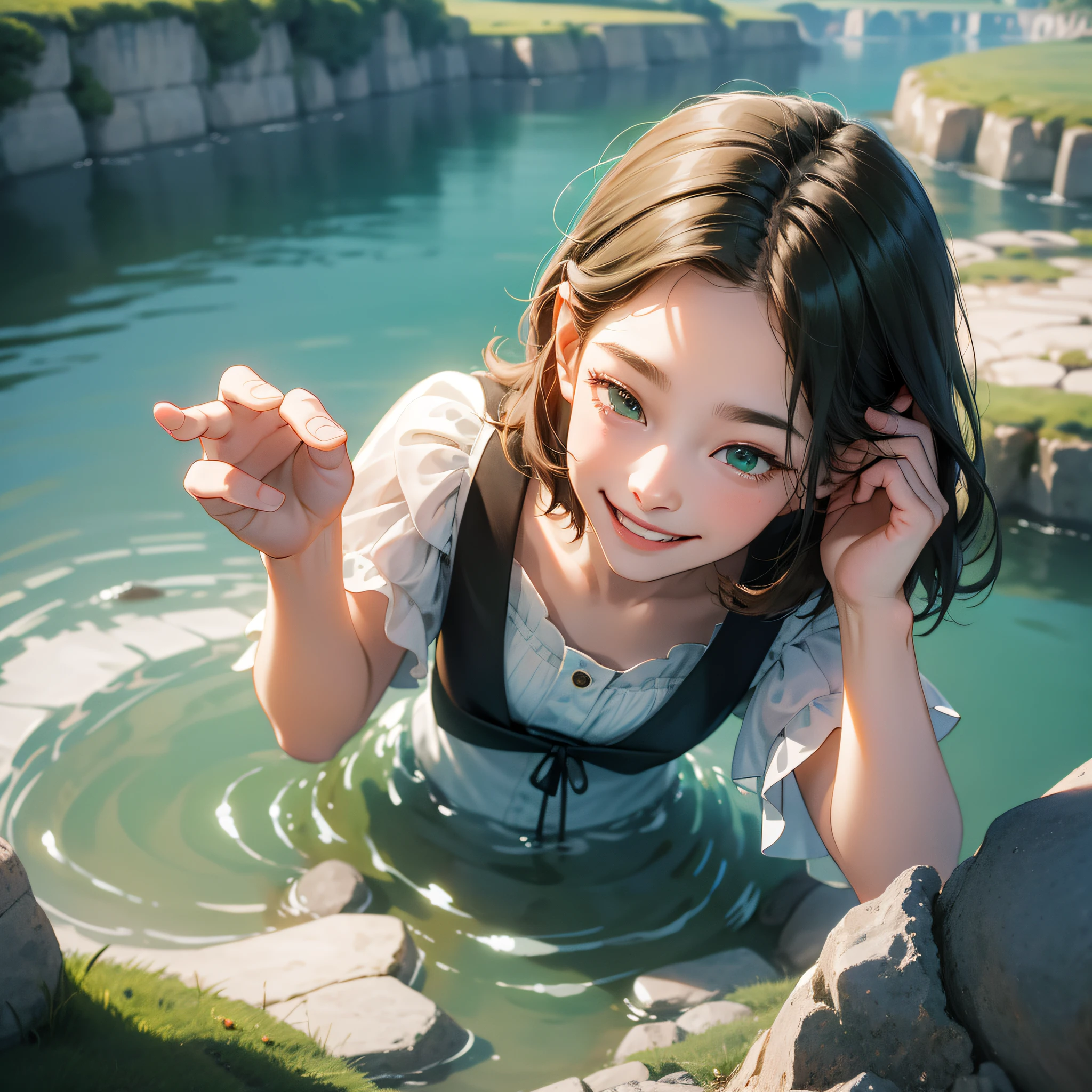 （in 8K、top-quality、​masterpiece:1.2)、1人の女性、(Smiling smile:1.1)、beautidful eyes、Valley、The upper part of the body、shorth hair、Like a boy 、Quirk hair、short-cut、Green View、
