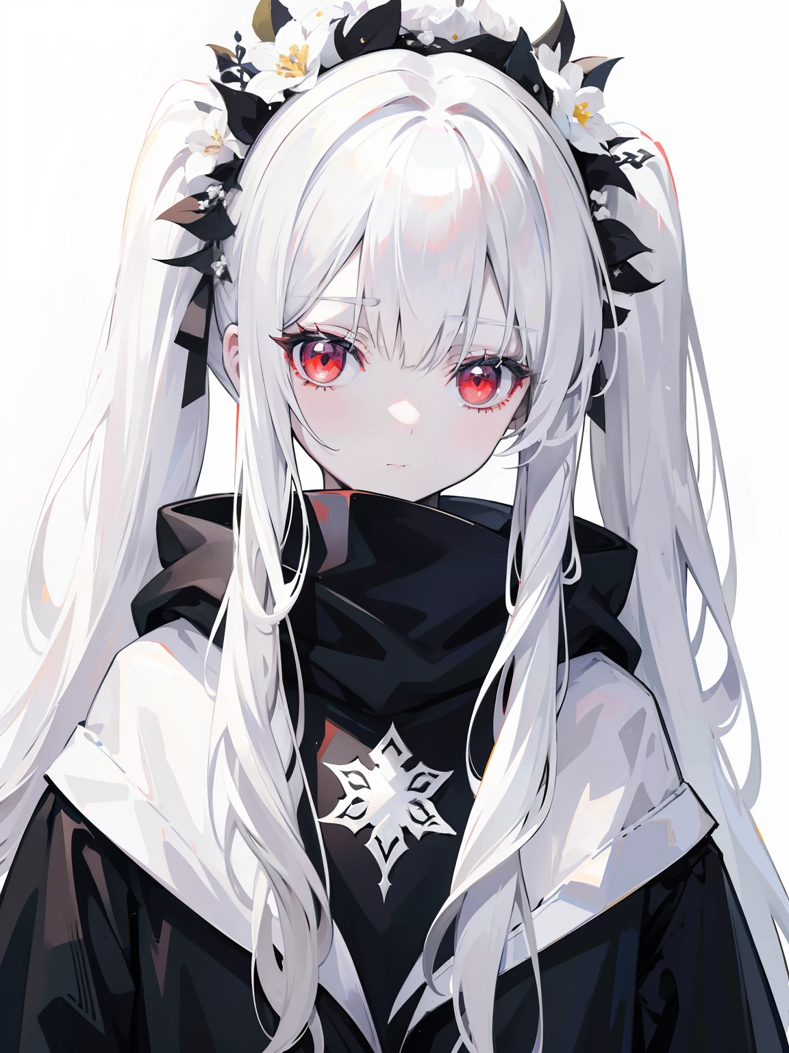 Pale skin, white hair, black hoodie, white flowers, flowers on head, Twintails, , solo,{{best quality}}, {{masterpiece}}, {{ultra-detailed}}, {illustration}, {detailed light}, red eyes,long hair,