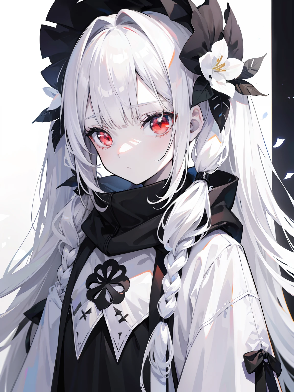 Pale skin, white hair, black hoodie, white flowers, flowers on head, Twintails, Loli, solo,{{best quality}}, {{masterpiece}}, {{ultra-detailed}}, {illustration}, {detailed light}, red eyes,long hair,