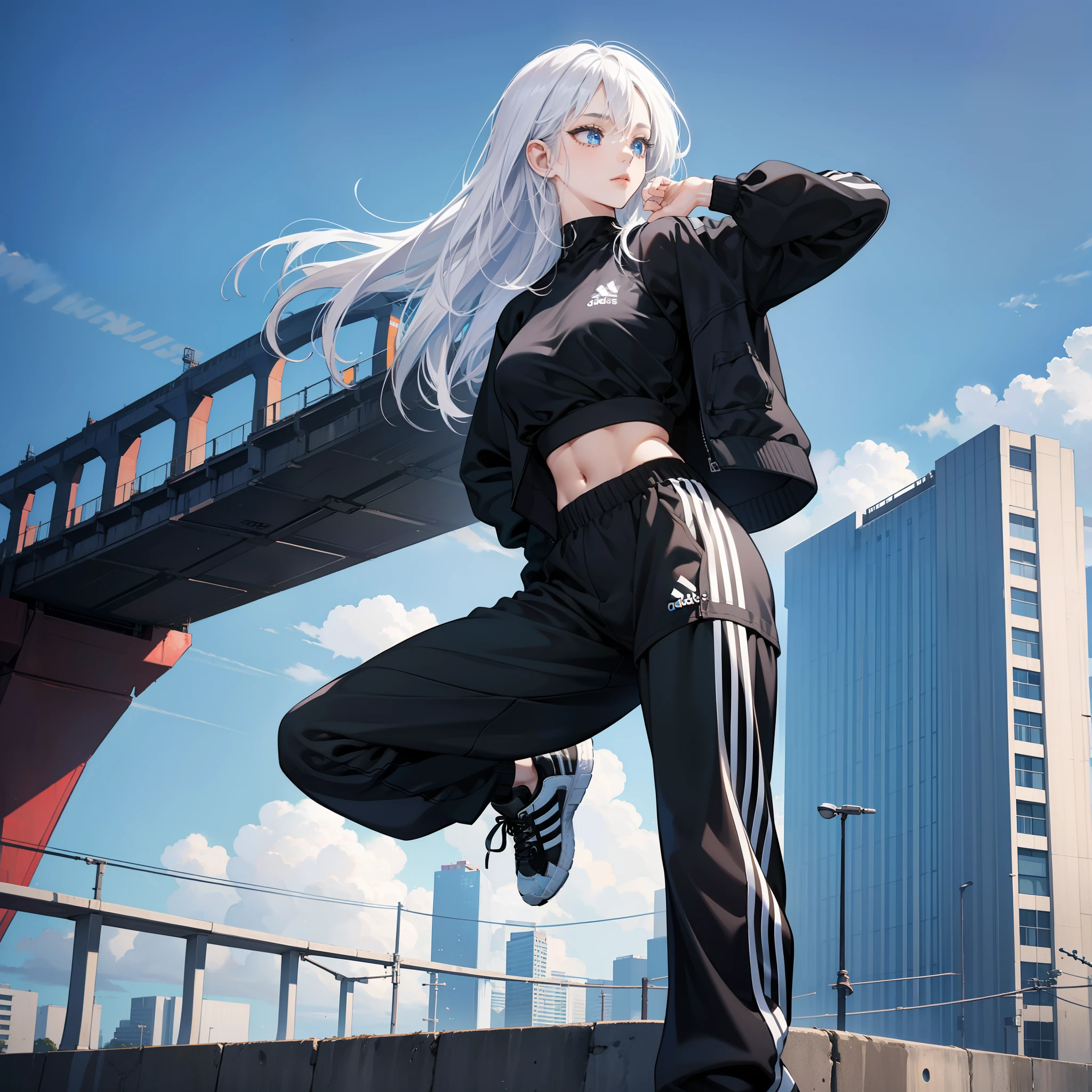 1 girl，Black Adidas top，Black Adidas pants，Black adidas shoes，White hair，Long hair and waist，Big blue eyes，The background is the city，Stand next to the highway