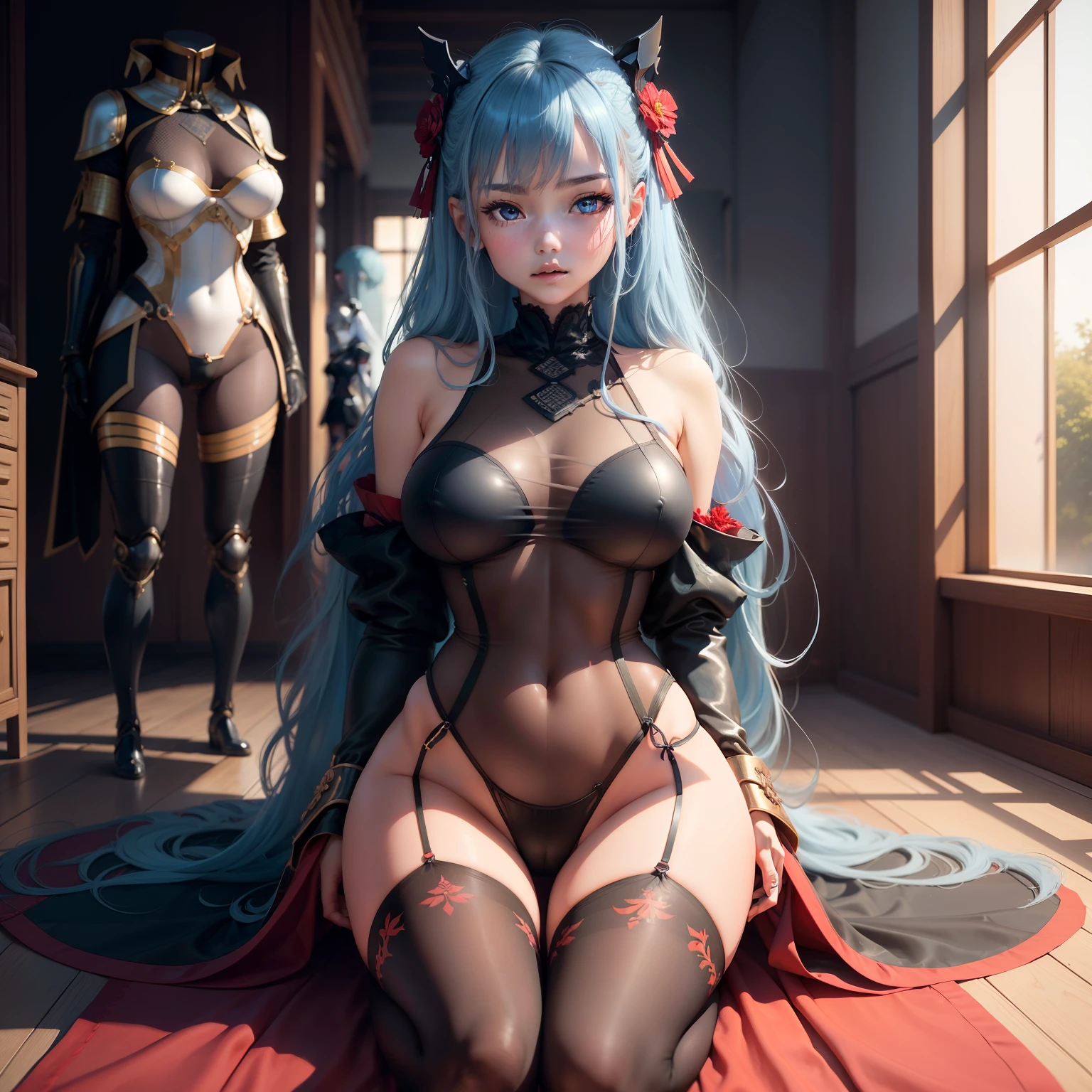 Well-structured female body，tmasterpiece，Best quality at best，highly  detailed，1girll，art book，roleplaying，ssee-through， dolls，Sheer tights，Transparent swimsuit，hyakka ryouran samurai girls，mediating_Breasts，Humanoid robots，blue hairs，red color eyes，angelicales,wings