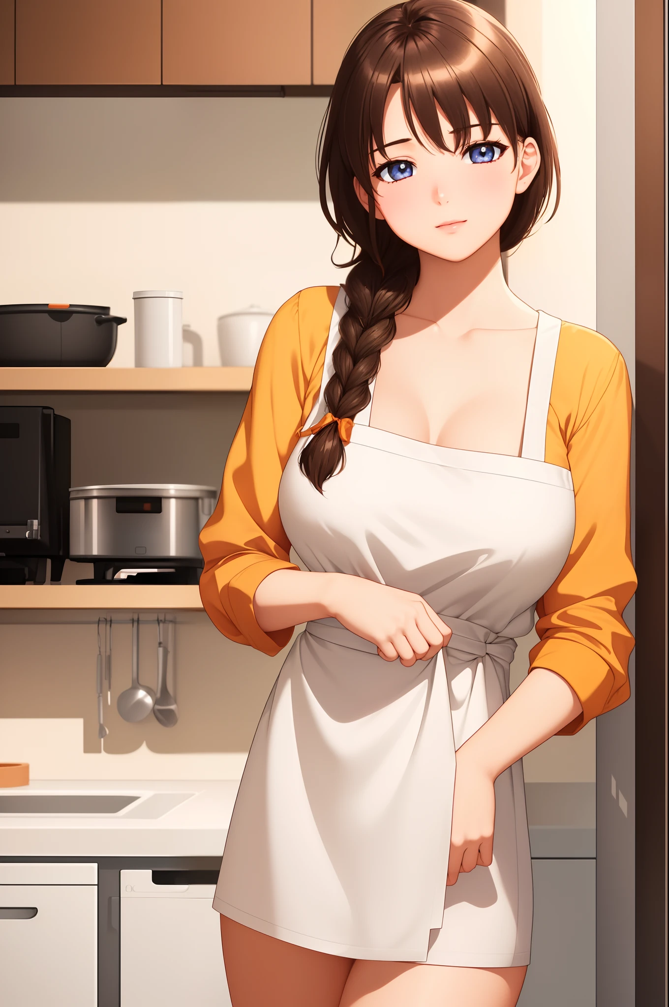 indoors, in a kitchen,
Standing on the floor,
apron, collarbone, (Yellow_shirt),
bangs, Brown Hair, Blue eyes,single braid, Orange hair ribbon, 
1 girl, 20yo,Young female,Beautiful Finger,Beautiful long legs,Beautiful body,Beautiful Nose,Beautiful character design, perfect eyes, perfect face,expressive eyes,
looking at viewer, in the center of the image,(Upper_body),(Focus on her face),
official art,extremely detailed CG unity 8k wallpaper, perfect lighting,Colorful, Bright_Front_face_Lighting,shiny skin,
(masterpiece:1.0),(best_quality:1.0), ultra high res,4K,ultra-detailed,
photography, 8K, HDR, highres, absurdres:1.2, Kodak portra 400, film grain, blurry background, bokeh:1.2, lens flare, (vibrant_color:1.2)
(Beautiful,Breasts), (beautiful_face:1.5),(narrow_waist),