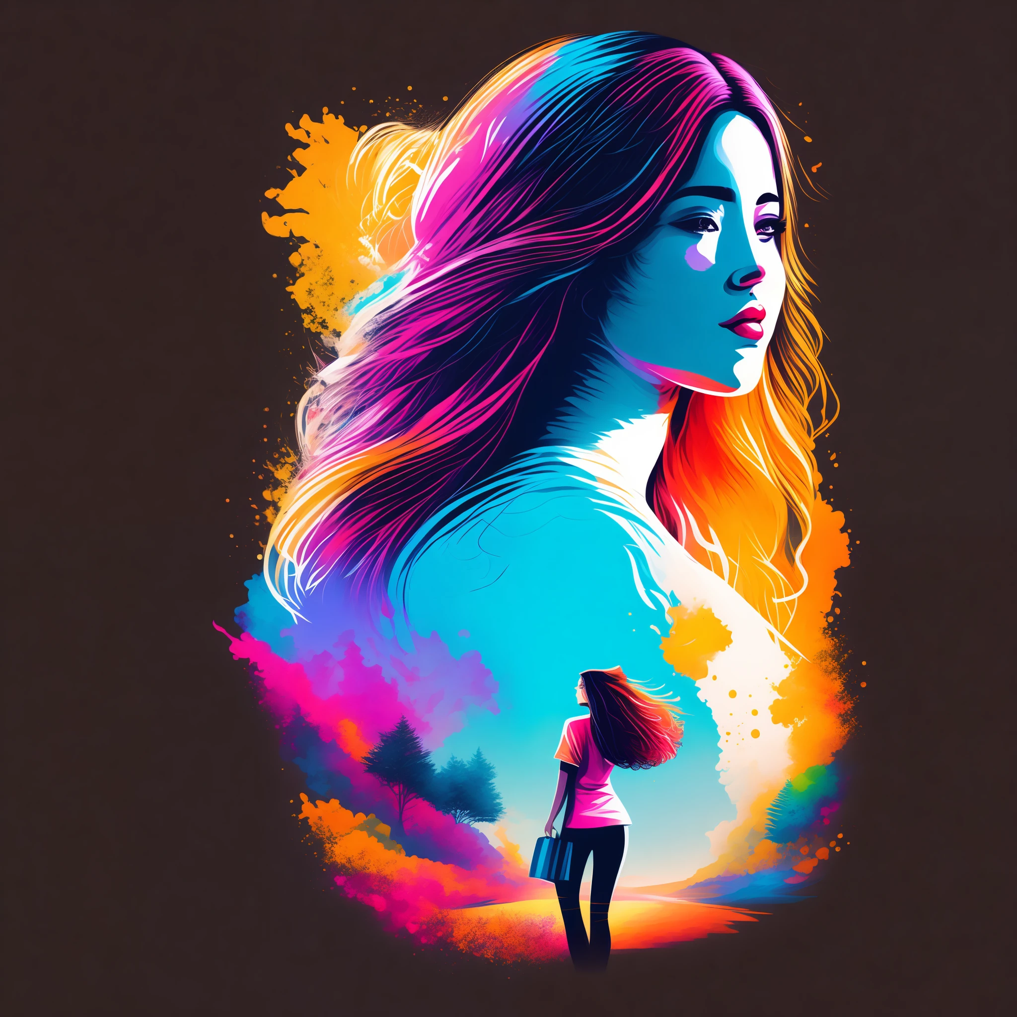 T-shirt design,hand draw illustration, a pretty woman walking,colorful