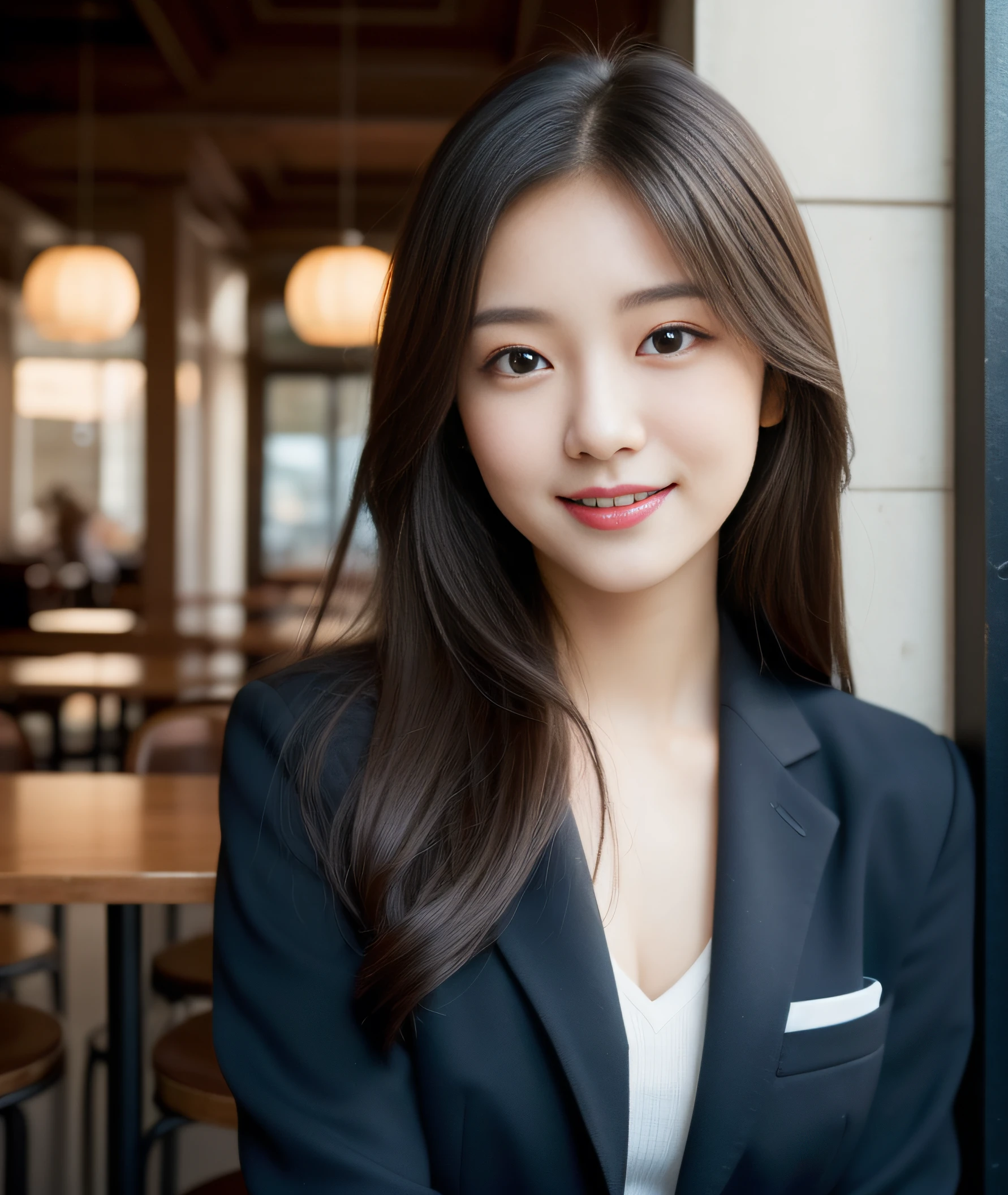 ((best quality, 8K, masterpiece: 1.3)), beautiful girl, pure, melon face, kind and cute, sweet smile, pure desire, slender body, (front), (tilted head), ((looking at camera) ), wearing a blue suit, black silky medium hair, long flowing shoulders, round black big eyes, clear big eyes, moist red lips, sweet, sitting in a cafe, cafe background , ((whole body)),