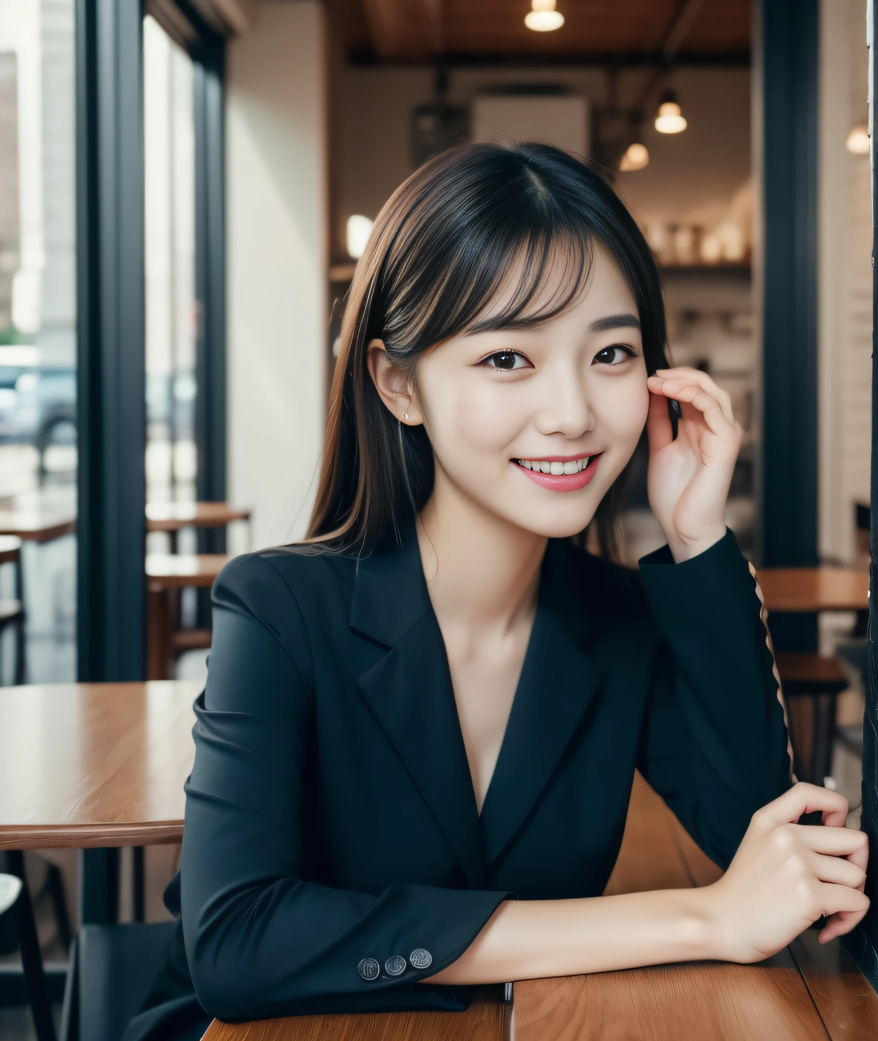 ((best quality, 8K, masterpiece: 1.3)), beautiful girl, pure, melon face, kind and cute, sweet smile, pure desire, slender body, (front), (tilted head), ((looking at camera) ), wearing a blue suit, black silky medium hair, long flowing shoulders, round black big eyes, clear big eyes, moist red lips, sweet, sitting in a cafe, cafe background , ((whole body)),
