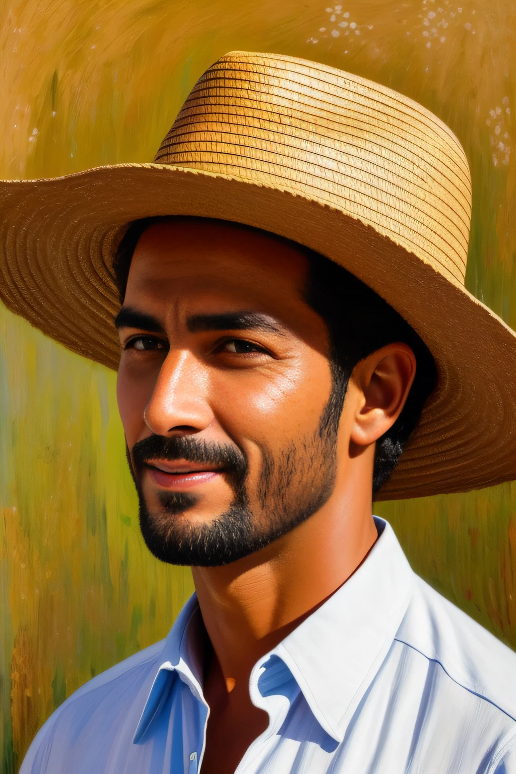 Pintar um homem do campo sorridente, wearing straw hat with holes and patched, usando roupas rasgadas, This man is on a horse. Pintar estilo: "impressionismo", com cores vibrantes bem definidas em 8K. Paint so that the characters are easily recognizable and reveal the perfection of the characters' facial expressions.