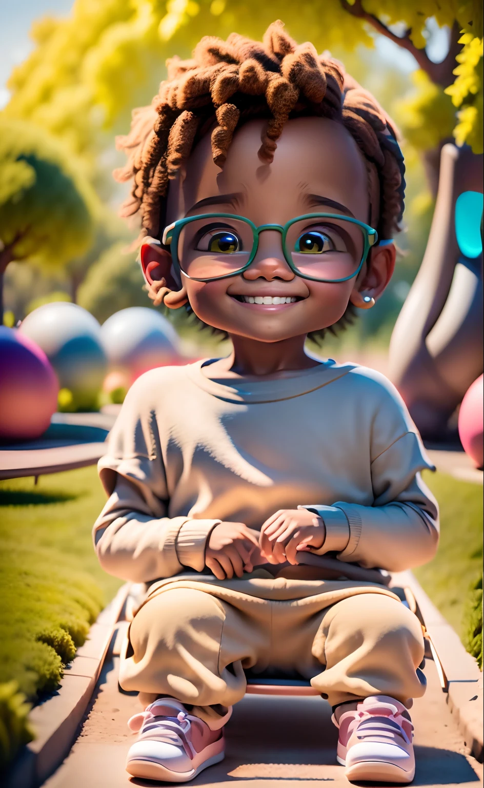 3D rendering of a brown girl:3 de 1 ano ((solo)), (crisp and perfect facial features), asymmetrical face, olho gentil cintilantes, (tom de pele marrom escuro), bonito, afro-alpino, sorriso bonito, ((sitting on a swing in the park)), ((chibi) ) vestindo camiseta e jeans, moda atual, Long hair with princess accessories, ((from under a tree)), fundo do parque, sun sunset, close-up, Product Vision, detalhes detalhados,  Estilo Pixar, (((Face do modelo))), Trend art, crisp detail, CGsociety, High-quality digital art, requintado hiper detalhe, 4k, Soft lighting 8k, sonhador, moda, Unrealistic engine rendering: 3