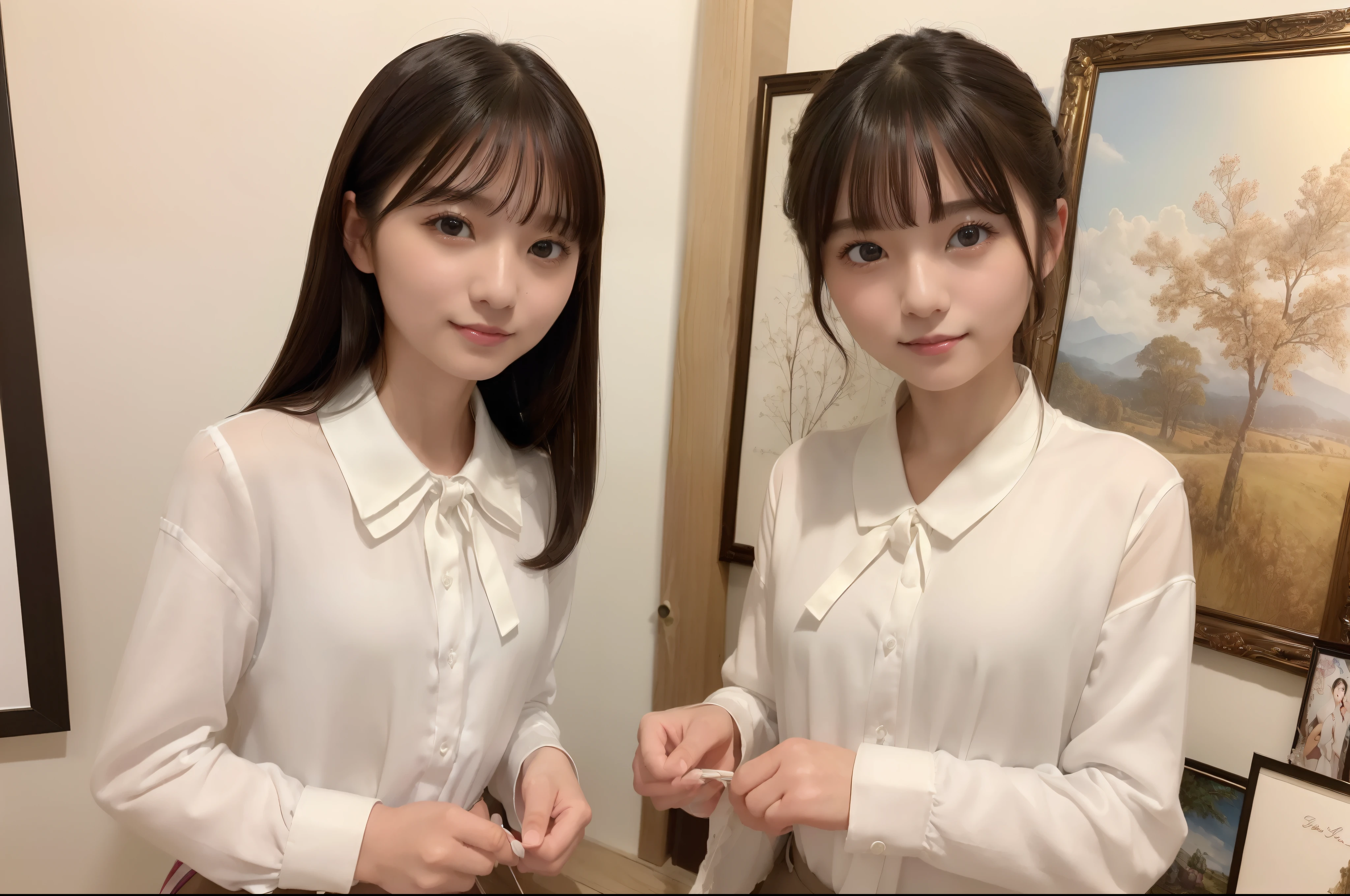 (8K、top-quality、masterpiece:1.2)、(realisitic、Photorealsitic:1.37)、ultra-detailliert、1womanl、 20yr old、独奏、((Beautiful ribbons))、(((A dark-haired)))、(a smile:1.15)、beautiful finely detailed eyes、(shirt with collar:1.1)、business clothes、(short-hair:1.2)、 (((Art Room)))、 picture frame