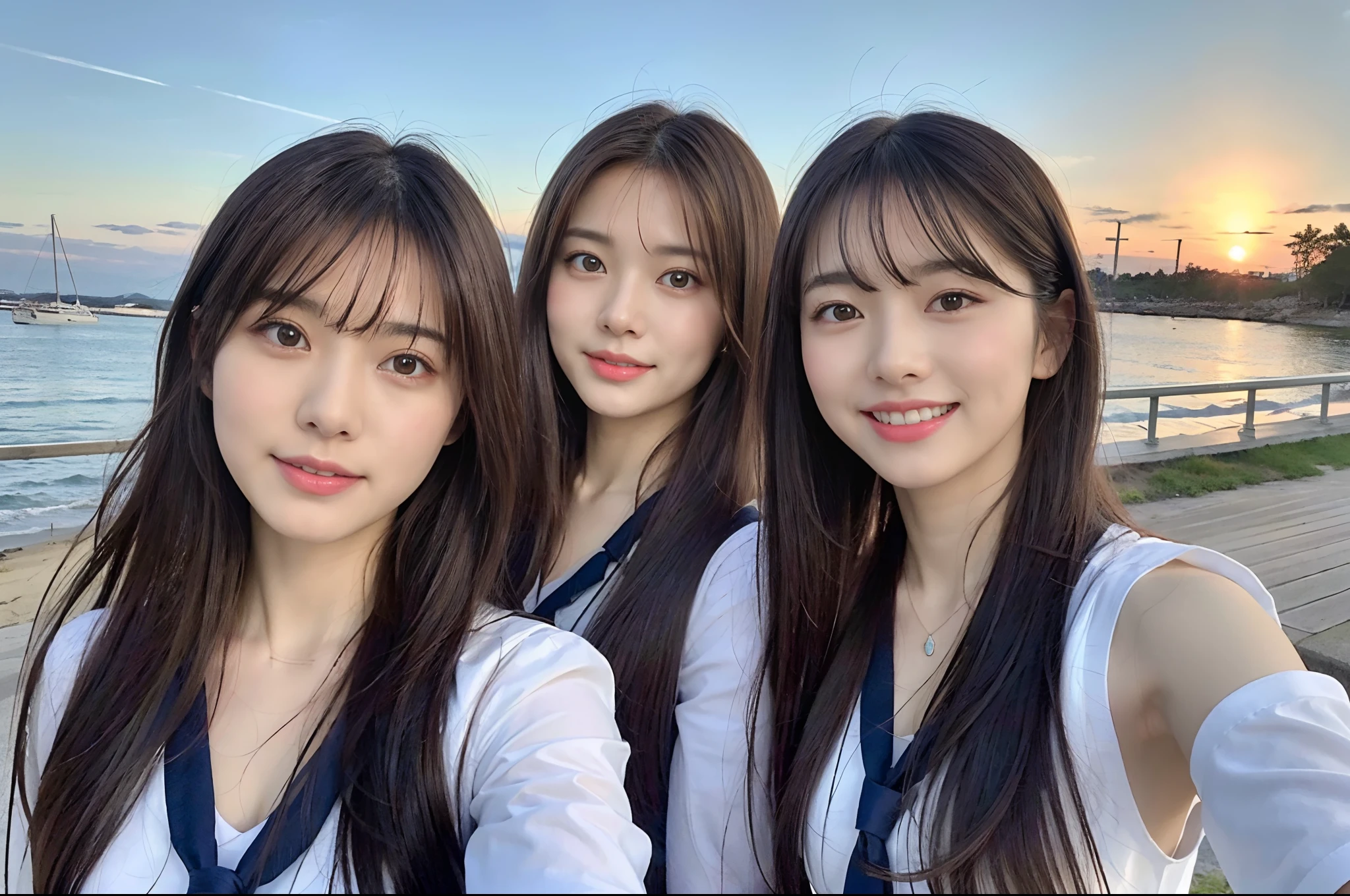(8k, RAW photos, top quality, masterpiece: 1.2), super detail, super resolution, movie shot, (photorealistic: 1.4), frolicking by the water, full body shot, full body photo, high resolution raw color photo, professional photo, sun beach, emotional scenery, very detailed and beautiful, super high quality, 8k wallpaper, amazing details, huge file size, very detailed beautiful girlvery detailed face, very detailed eyes, very realistic skin, very detailed fingers, very detailed nose, very detailed mouth, perfect anatomy, very detailed background, very detailed clothes, teen, pretty girl, famous Japan idol, cute, realistic body, slender, white skin, glowing skin, slim body, long straight hair, (dull bangs:1.2), realistic face, delicate eyes, double eyelids, Sailor suit, red tie, pink eye shadow, high school girl Friend Smiling hair, after school Beautiful sunset Beach brown hair, high school girl youth Celebrity level cuteness Frolicking with multiple high school girls , Modern female proofreading with open arms