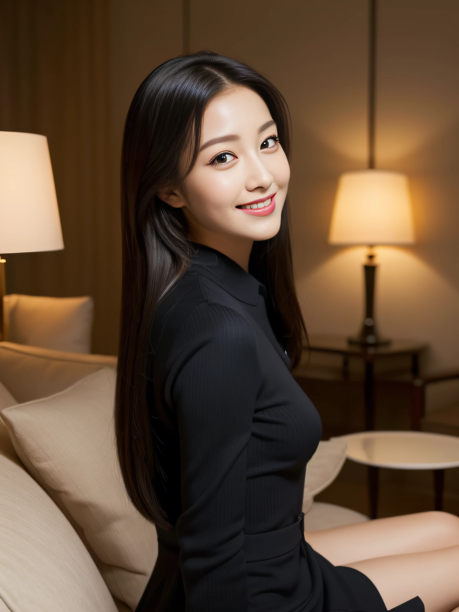 ((best quality, 8K, masterpiece: 1.3)), beautiful girl, pure, melon face, kind and cute, sweet smile, pure desire, slender body, (front), (tilted head), back view, casual suit , long black silky straight hair, long flowing shoulders, round black big eyes, clear big eyes, moist red lips, sweet, sitting in a hotel chair, hotel window sill background, ((whole body )),