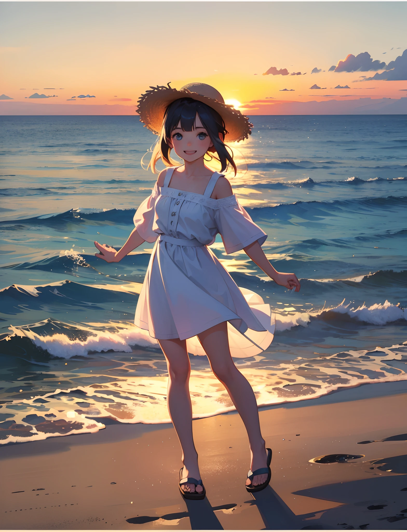 A happy ***********，Dressed in casual attire，Have by the sea，Wear slippers，With a straw hat，The background is the sea，Sunset and sunset，Face the camera，Full body photo，Ultra-high definition