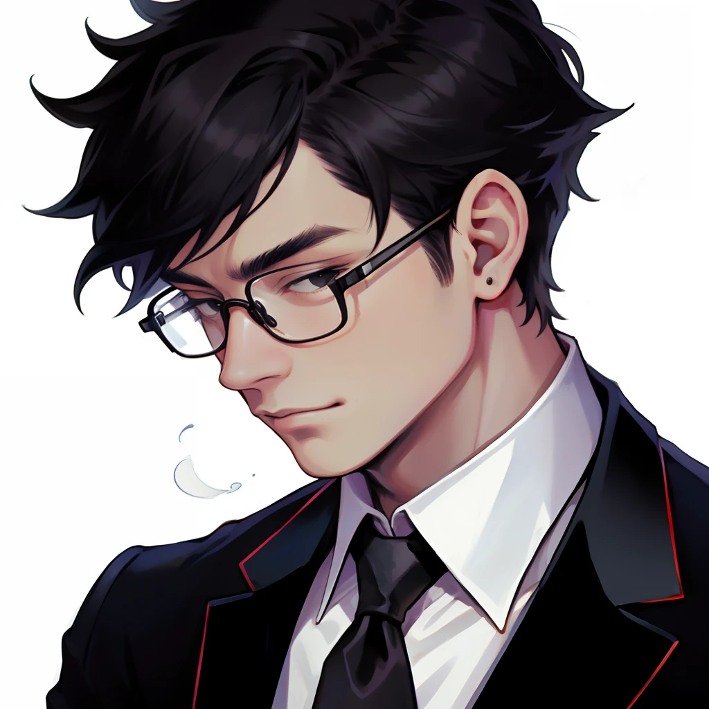 tmasterpiece, malefocus, 1boy, Looks to the side, black formal, tuxedo jacket, White shirt, white backgrounid, A faint smile,With gold-rimmed glasses