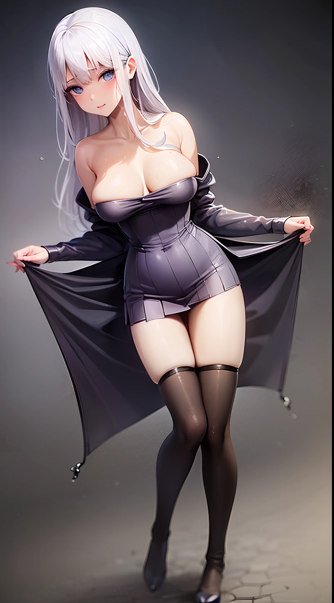 Girl in purple wet kimono office shirt and light gray tight pleated slim skirt, satin, fur, (((black)) stockings), decollete, natural breasts, slim body, zettai ryouiki, white hair, blue eyes, ((wet:1.4)), portrait, most realistic, highest quality, best pixels, 8k ultra