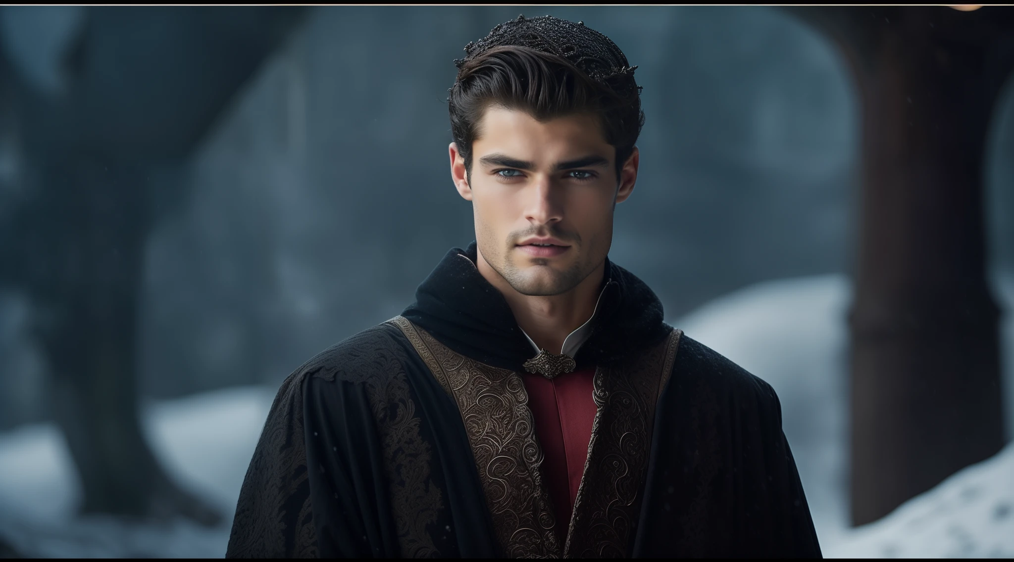 Noite escura ao luar, Medieval Prince Sean O'Pry, Com dentes de vampiro, Com a boca ensanguentada, olhar misterioso, 30 anos, Mostrando presas de vampiro, Fundo da imagem Castelo medieval, Vestindo barba curta escura, Sharp details, with defined jaw, Similares a Model Sean O'Pry , In the midst of the snow, forte e musculoso, realista e profissional, wearing black medieval prince clothing, cabelos curtos e escuros, Realistic, Cinematic layer style, wearing princely costume, best quality, Ultra HD |, cinematographic effect, imagem profissional, Film, fundo da imagem do castelo.