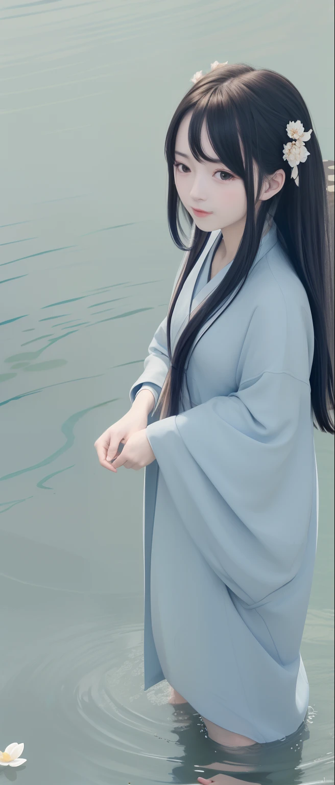 ((4k,masterpiece,best quality)), shuimobysim, traditional chinese ink painting, lotus, hanfu, maxiskit, dress conservatively 1girl, solo, long blue hair, smile, standing, feet in the water, barefoot,