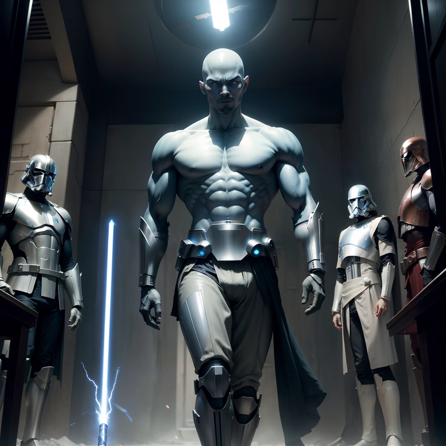 StarWars、Jedi Knight、Alien Cyborg Knight、slender macho physique、Lightsaber on four arms、Silvery body、Righteous Hero、Eerie alien landscape、