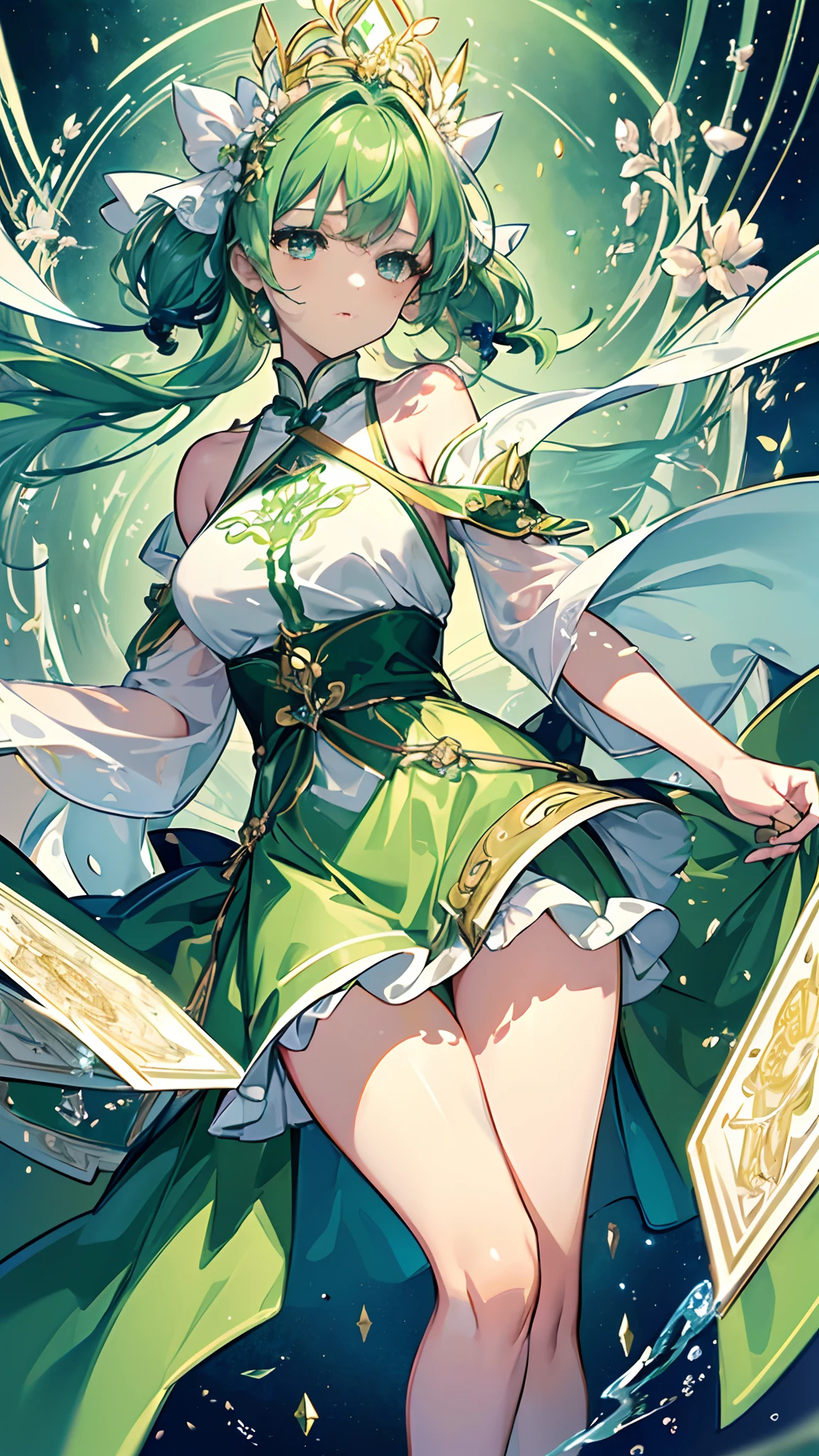 (((masterpiece)))、(((top-quality)))、((ultra-detailliert))、(illustratio)、((extremely delicate and beautiful))、dynamic ungle、floating、Green hair、(beatiful detailed eyes)、(Detailed light) (1girl in)、独奏、floating_hair、radiant eyes、Twin-tailed、Green halter dress、Adan、Tarot Cards