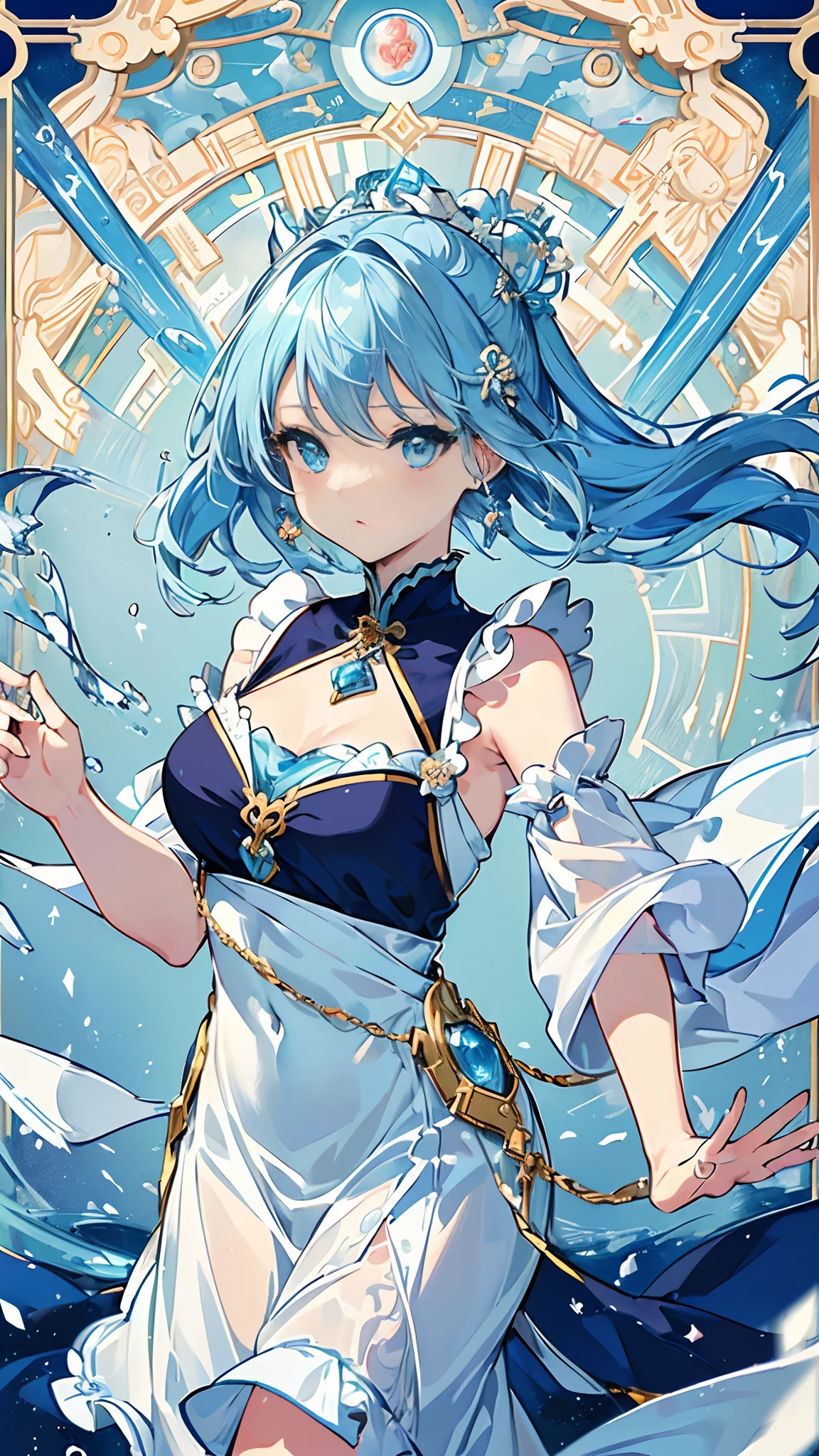 (((​masterpiece)))、(((top-quality)))、((ultra-detailliert))、(illustratio)、((extremely delicate and beautiful))、dynamic ungle、floating、Blue-haired、(beatiful detailed eyes)、(Detailed light) (1girl in)、独奏、floating_hair、radiant eyes、Twin-tailed、Blue Halter Dress、Adan、Tarot Cards