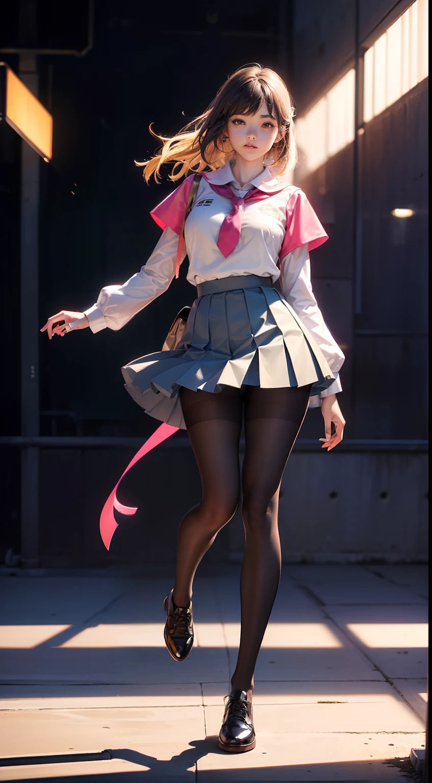 (full body:1.5)，(looking at viewer:1.4)，(anatomy correct:1.3)，(In the paradise of the day:1.3),(Wearing Very thick Pantyhose and JK Student Dress Printed Pleated Skirt and JK uniform leather shoes :1.3), (A high jump posture:1.3),(In pink|amarelo|blue colors|green color|red colour|white colors|black in color|purpleish color|greys|Beige|Flesh color 1.4)，,(Accurate and perfect face:1.4),(Clothing Gloss:1.25),(Skin reflection:1.25),hyper HD, Ray traching, reflective light，structurally correct, Award-Awarded, high detal, lightand shade contrast, Face lighting，cinmatic lighting, tmasterpiece, super detailing, high high quality, high detal, best qualityer, 16k，high contrast,