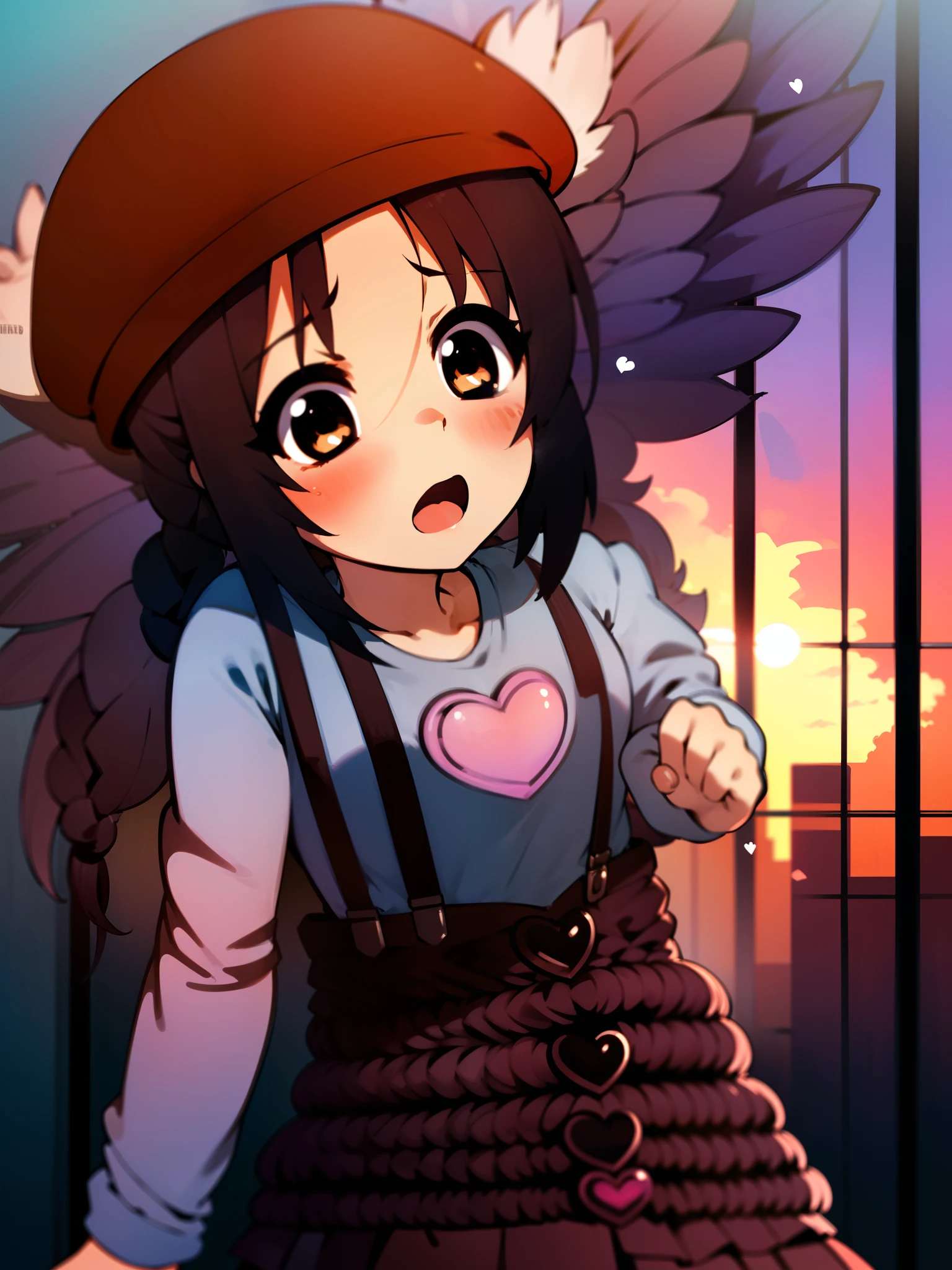 1girl, (((masterpiece))), top-quality, top-quality, High Details, nakano azusa, 1girl, Twin-tailed, length hair, A dark-haired, brown-eyed, Gray T-shirt.suspenders.a black skirt.illustratio, comic strip, soothing tones, Subdued Color, Soft cinematic light, adobe lightroom, photolab, HDR, intricately and hyper-detailed、(((depth of fields))))。(((masterpiece)))。(((top-quality))).)((ultra-detailliert)))。(((illustratio)))。(((takeout))).dynamic focus.big breasts.(((Skyscrapers))).(((A city scape))).(((Face of sadness))). open mouth.(((fighting stance))).(((up chest))).((evening glow)).((the setting sun)).(((Heart on chest))).Feathered hat