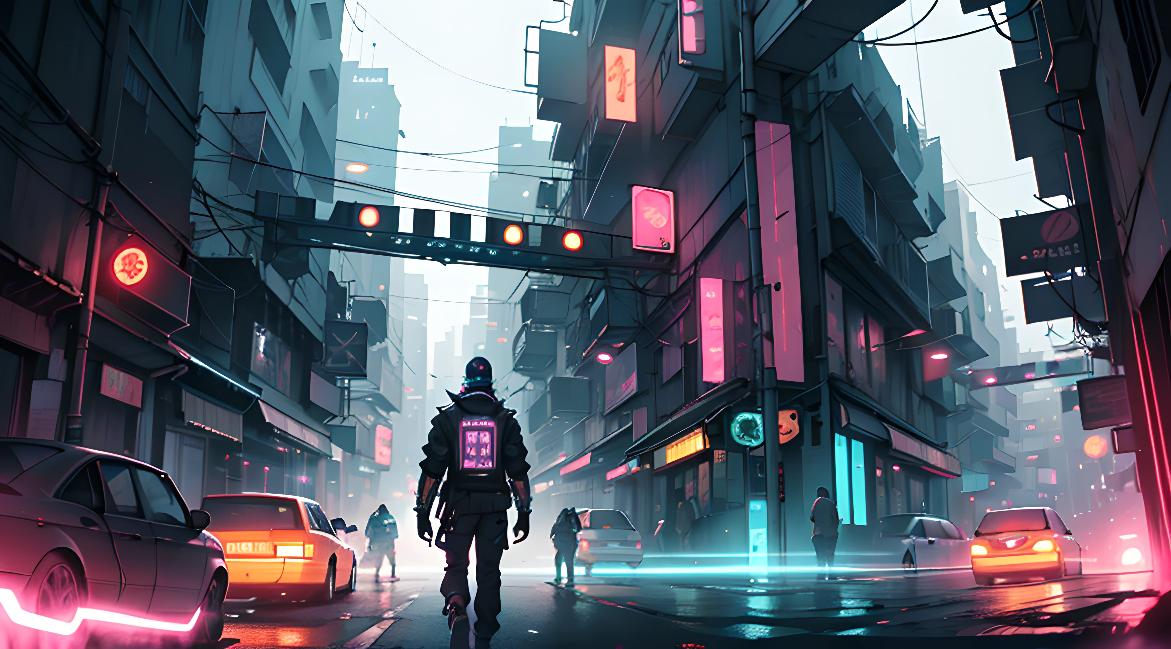 (Best quality),(masterpiece),(high detailed),"Dystopian street scene in a cyberpunk city. The focus is on a lone hacker, wearing augmented reality glasses, manipulating holographic code in mid-air using gesture controls. The city backdrop is a mix of dark alleyways, towering skyscrapers, and flickering neon signs. The image is an artistic digital illustration with a blend of gritty realism and futuristic elements. The art style is a fusion of cyberpunk aesthetics and steampunk details. The camera angle is a dynamic close-up, capturing the hacker's intense concentration. The lens used is a macro lens, highlighting intricate details in the code and character's expression. The lighting features neon glows and dramatic shadows to enhance the mood. Refer to the work of illustrators on Deviantart known for their cyberpunk interpretations."