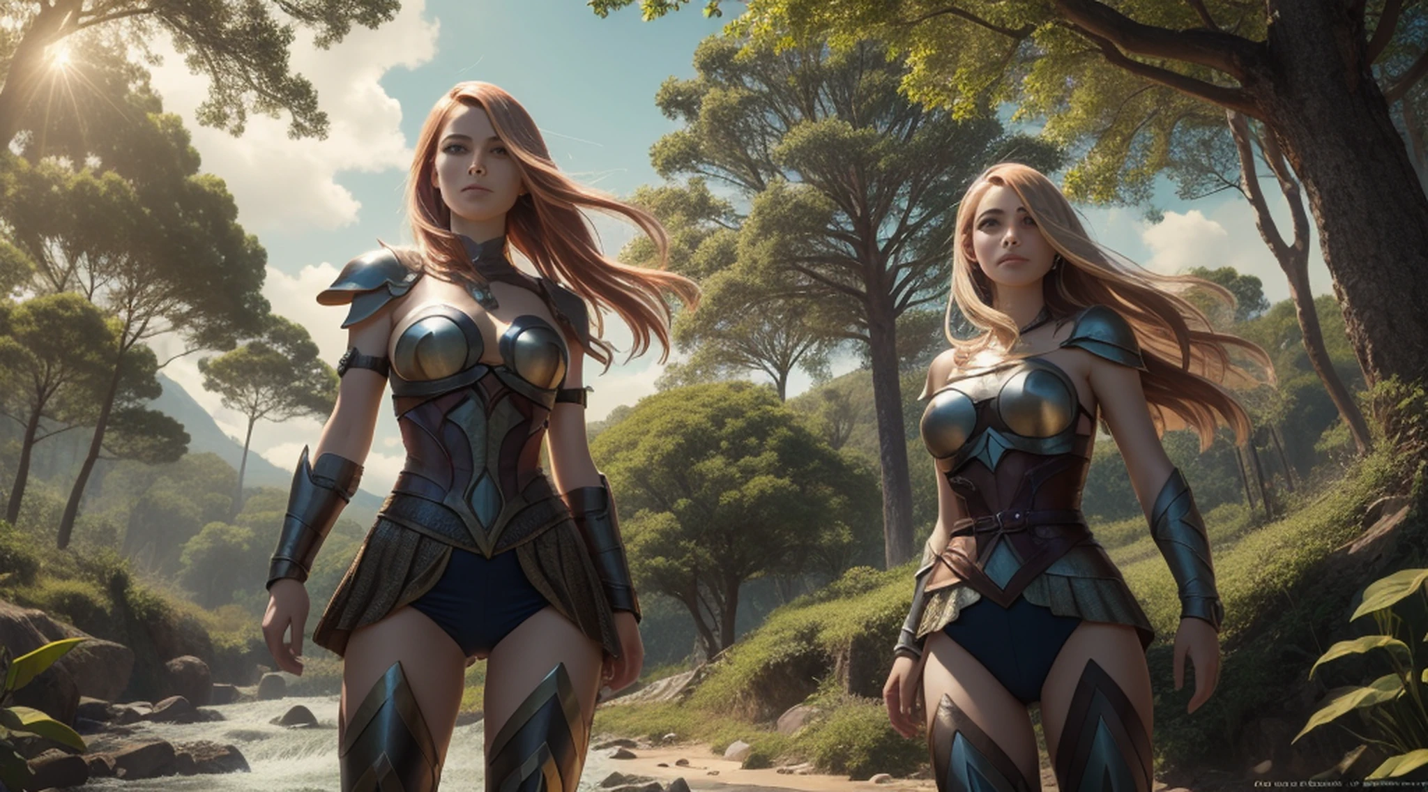 belo rosto descarrilado, sun sunset, uma jovem lindo, luxanna crownguard, league of legends, ((corpo inteiro)), 1girl, solo, cabelo loiro, olhos azuis, blue pants, bodysuit azul, bodysuit, impossible bodysuit, faixa de cabelo castanho, faixa de cabelo, cabelo longo, mangas longas, breastplate, pauldrons, armadura, Gold-Trim, armadura de ombro, obra-prima, papel de parede 8k, highres, fundo de alta qualidade, belo castelo, (sol), (magia: 1.2), deusa angelical, fantasia, eletricidade, brilho, hiper-detalhado, luz realista, hard lighting, detalhes intrincados, Illustration of a hyperrealistic scene, de outro mundo, Ultrasky with full body of a giant crystal tree, Very detailed and magical lighting, detalhes intrincados da floresta, vegetation and river around, solarpunk, paisagem, giant tree, beautiful leaves with beautiful lighting and realistic proportions, as if it were a cinematic background, 8k, max quality, obra-prima, Clouds and stars in the sky.