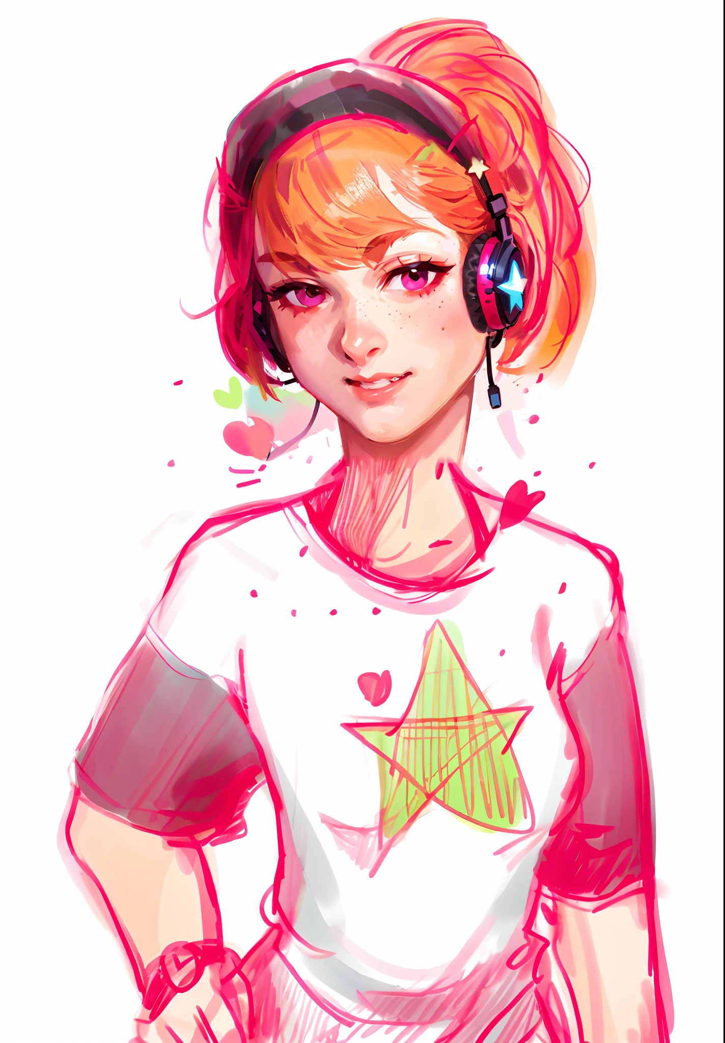 Drawing of a woman with stars on her shirt，Refined art style，Delicate colored lead painting，The face is round，Small nose，Plump lips，Freckle embellishment，Wearing a headset，in fashion style，Wear a stylish watch on your wrist，Personality tiger teeth，Full of girly charm。without background
