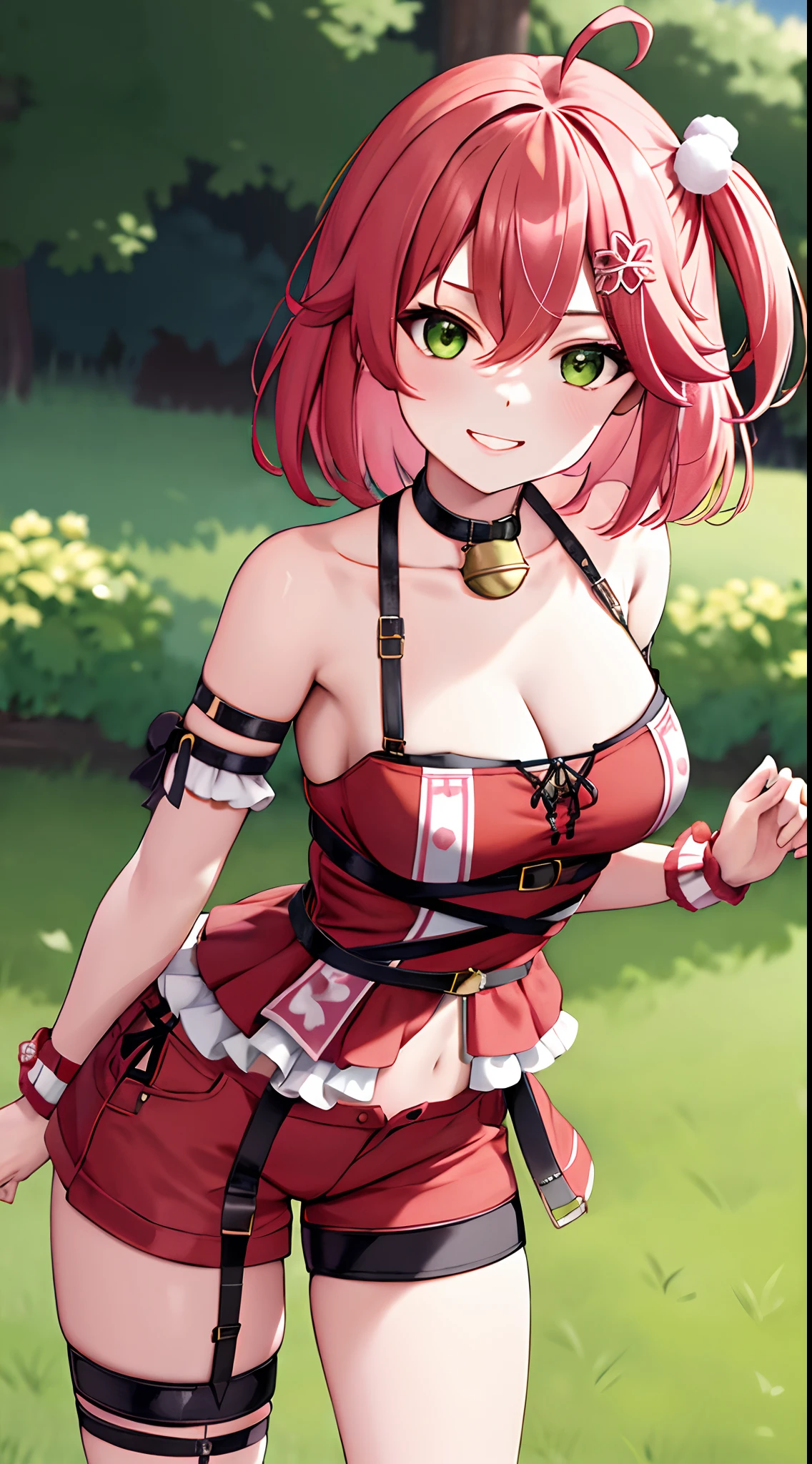 masterpiece, best quality, highres, miko3, 1girl, sakura miko, solo, green eyes, ahoge, cleavage, pink hair, neck bell, cat hair ornament, short shorts, bangs, hair between eyes, two side up, red shorts, red shirt, medium hair, black choker, pom pom hair ornament, short sleeves, cross-laced clothes, bare shoulders, thigh strap, wrist cuffs, hairclip, field, grass, standing, cowboy shot, leaning forward, smile,