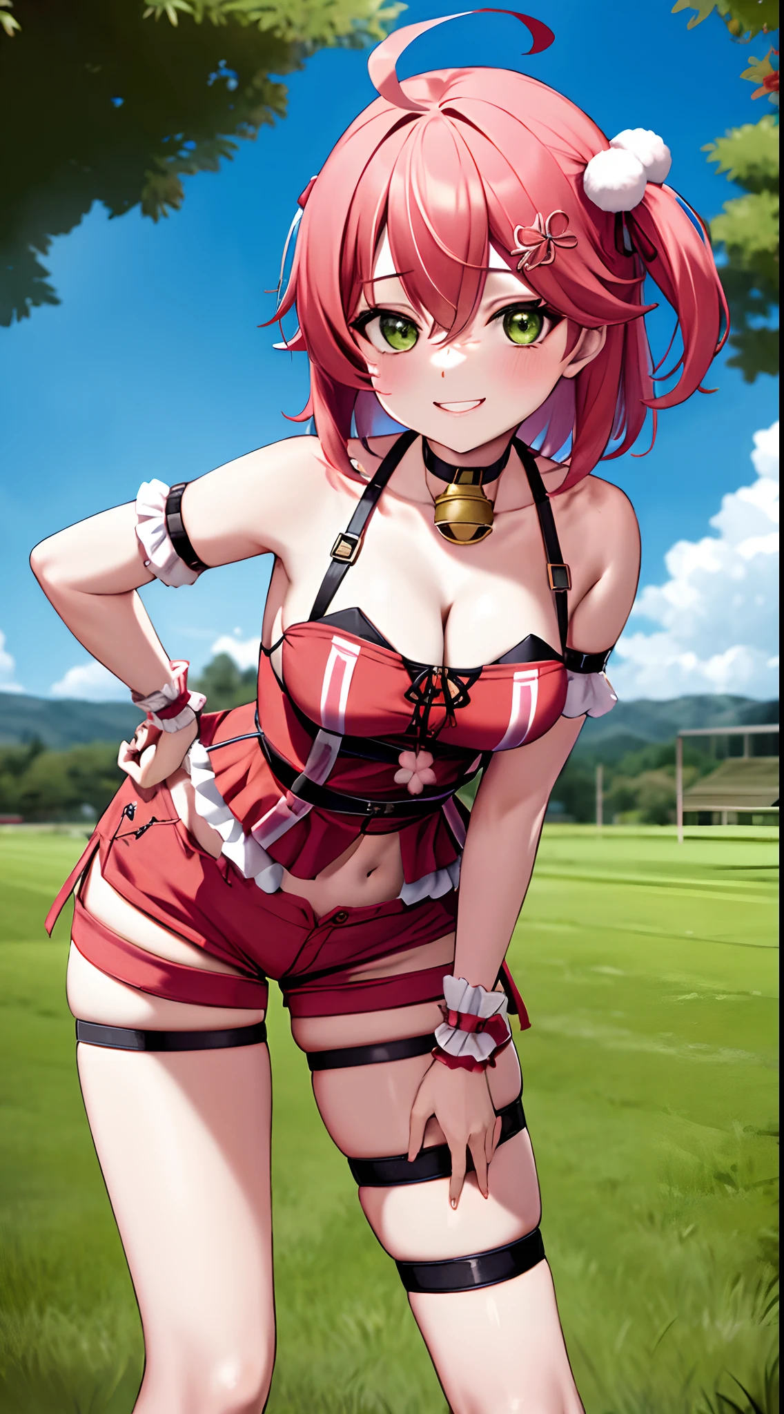 masterpiece, best quality, highres, miko3, 1girl, sakura miko, solo, green eyes, ahoge, cleavage, pink hair, neck bell, cat hair ornament, short shorts, bangs, hair between eyes, two side up, red shorts, red shirt, medium hair, black choker, pom pom hair ornament, short sleeves, cross-laced clothes, bare shoulders, thigh strap, wrist cuffs, hairclip, field, grass, standing, cowboy shot, leaning forward, smile,