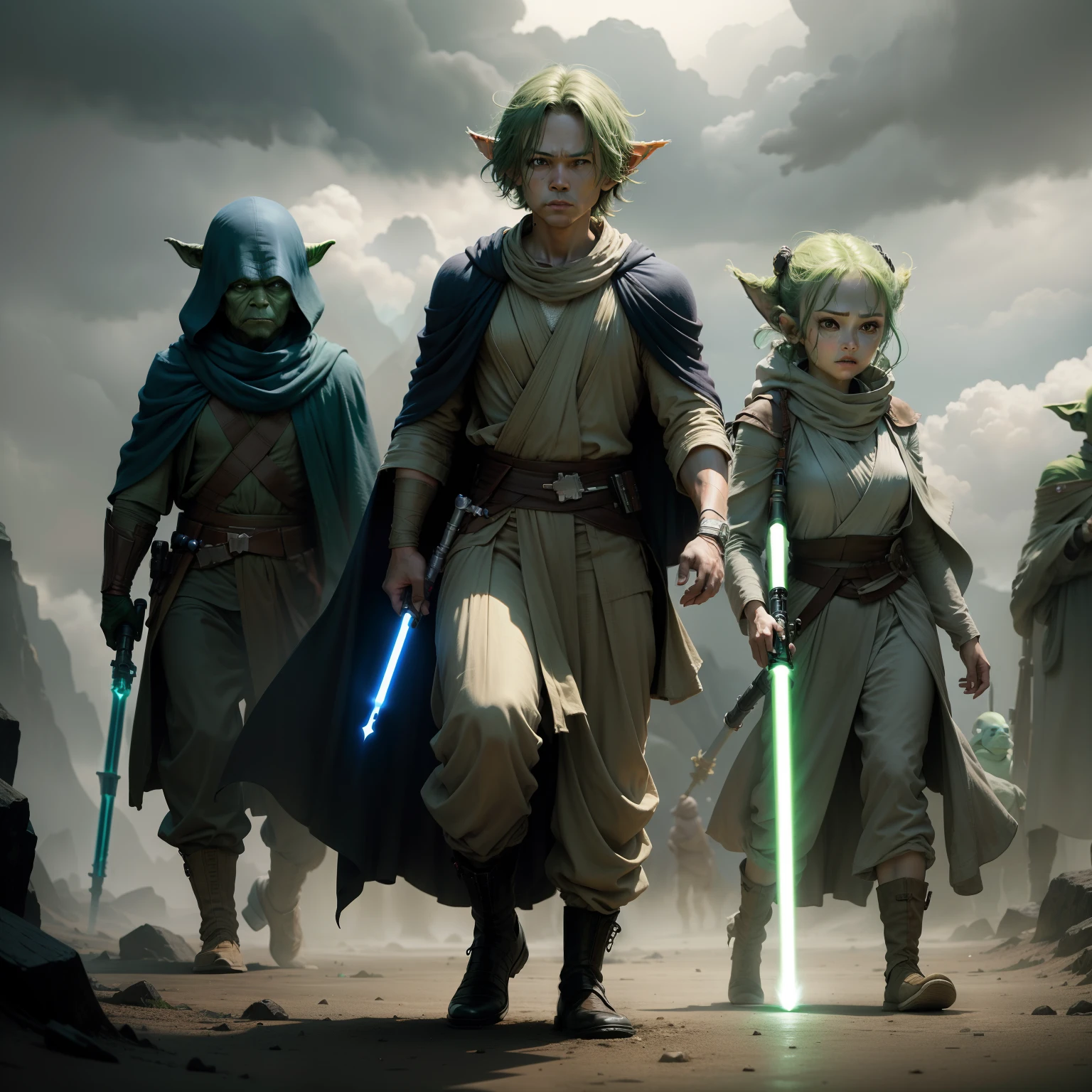 StarWars、jedi knight、Yoda Wind、Slender physique、Lightsaber in hand、Green body、Righteous heroes、Spooky alien landscape、